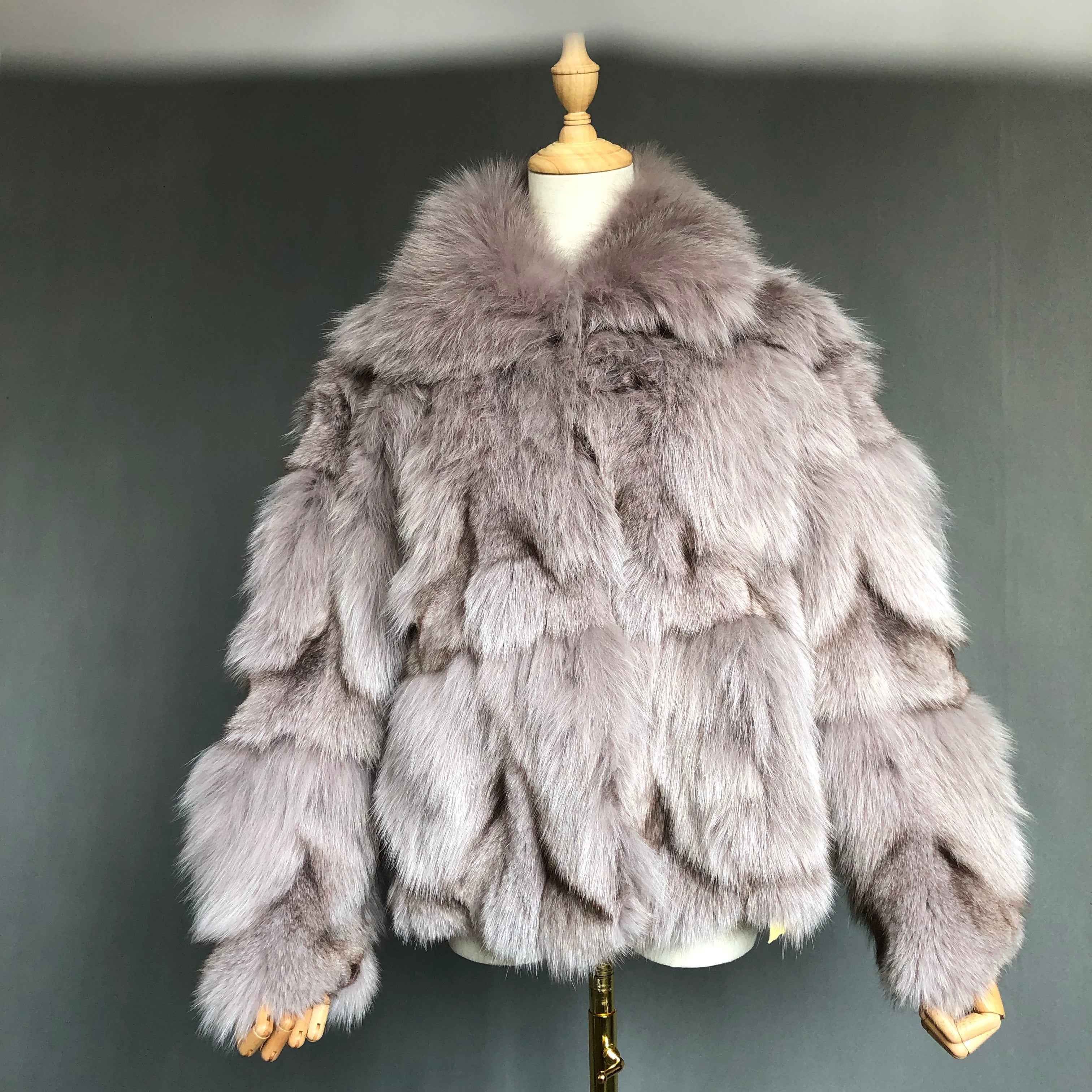 Genuine Fox Plum Leg Fur Long Coat - Winter Warm JANEFUR Brown