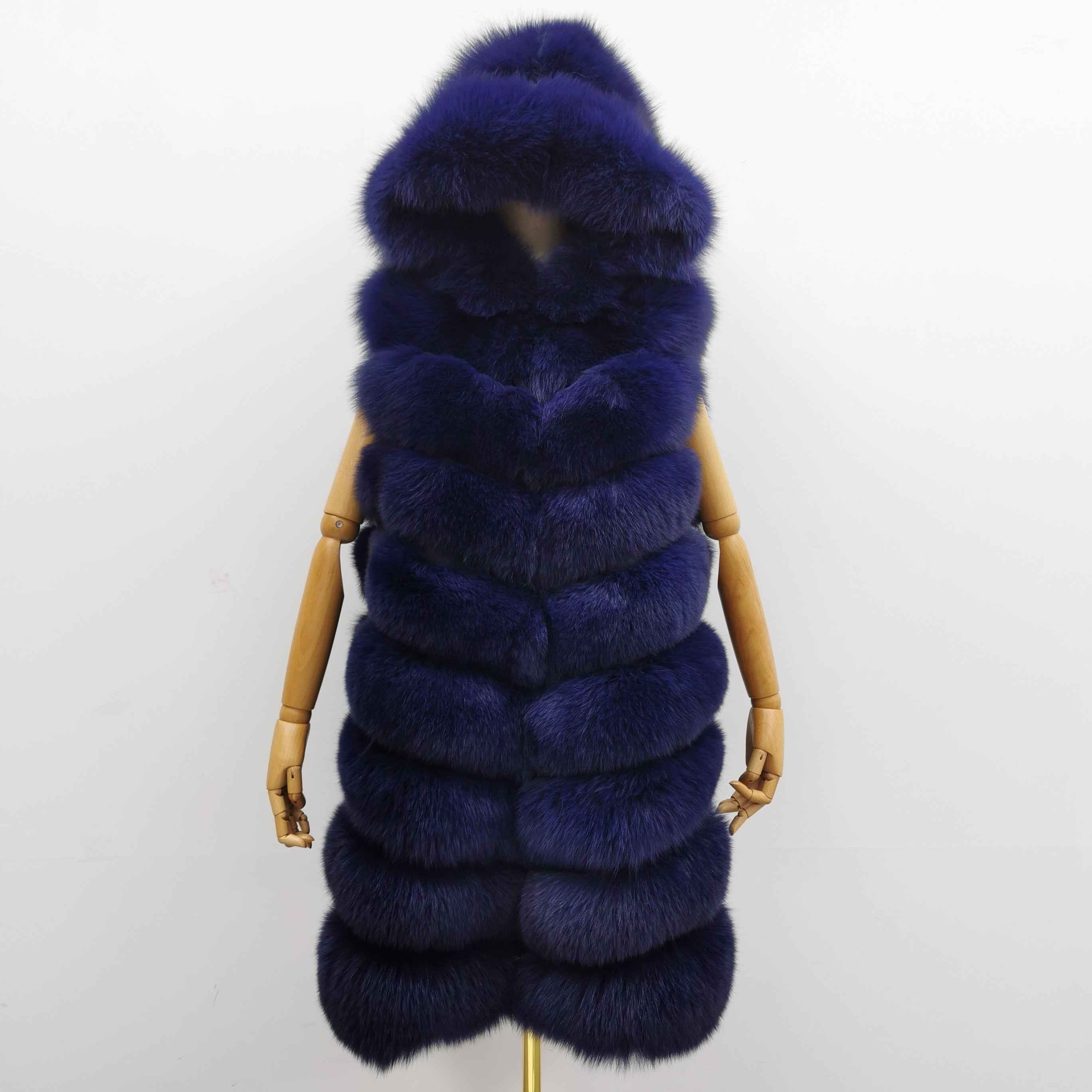 Women's 8-Panel Hooded Fox Fur Long Vest - Luxurious Outerwear Navy