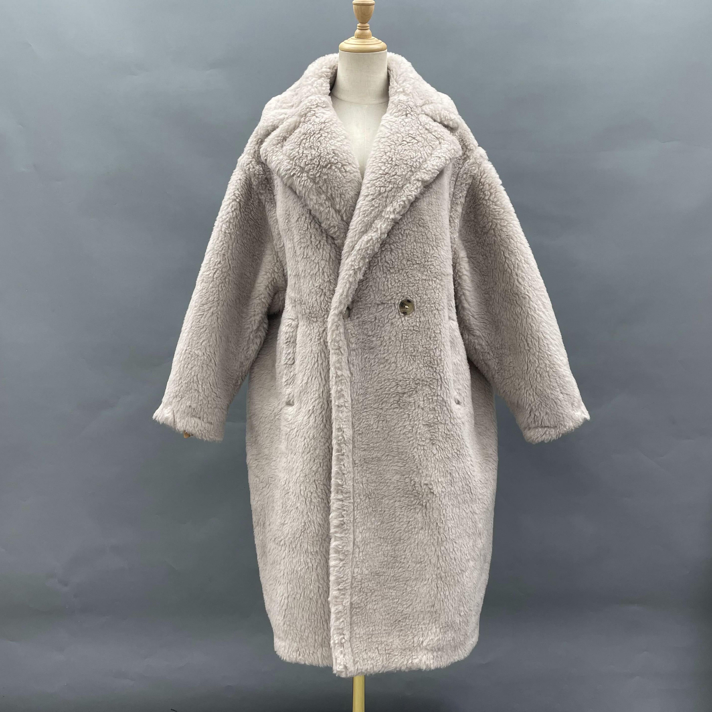 Women's Teddy Fleece Long Coat with Double-Breasted Notched Lapel - Luxe Winter Outerwear