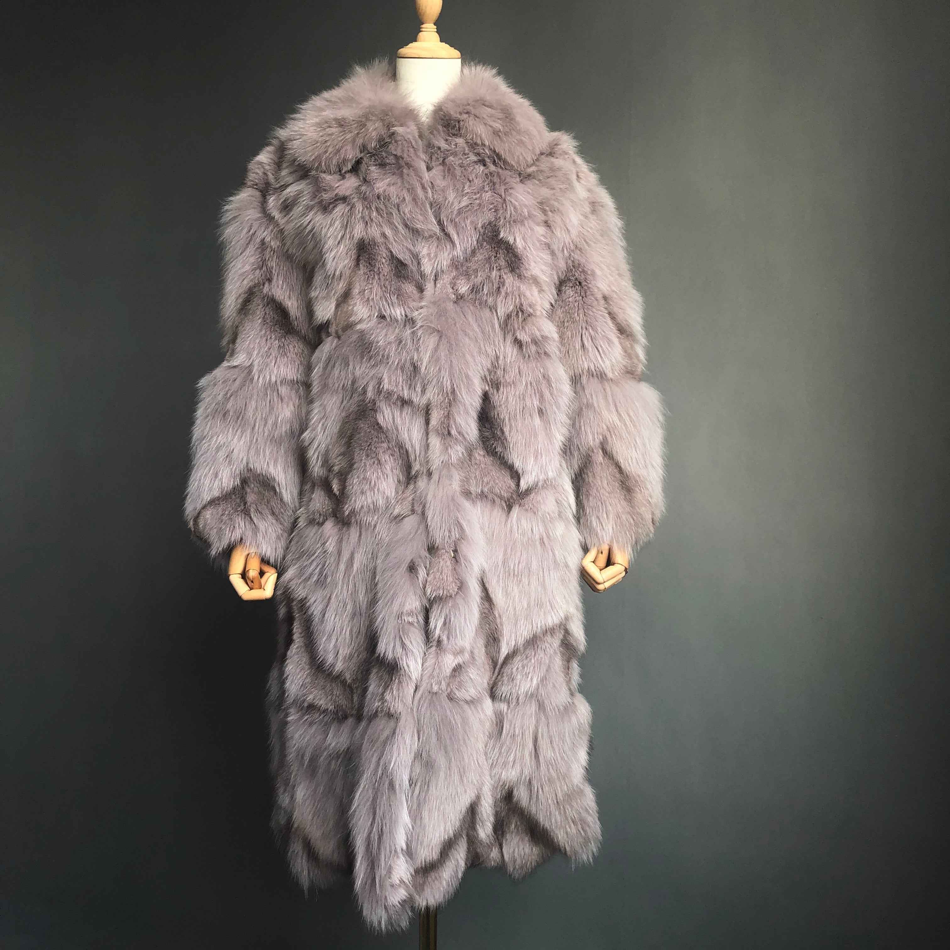 Oversized Fox Fur Long Coat with Fluffy Layers - Women's Winter Maxi Coat Brown