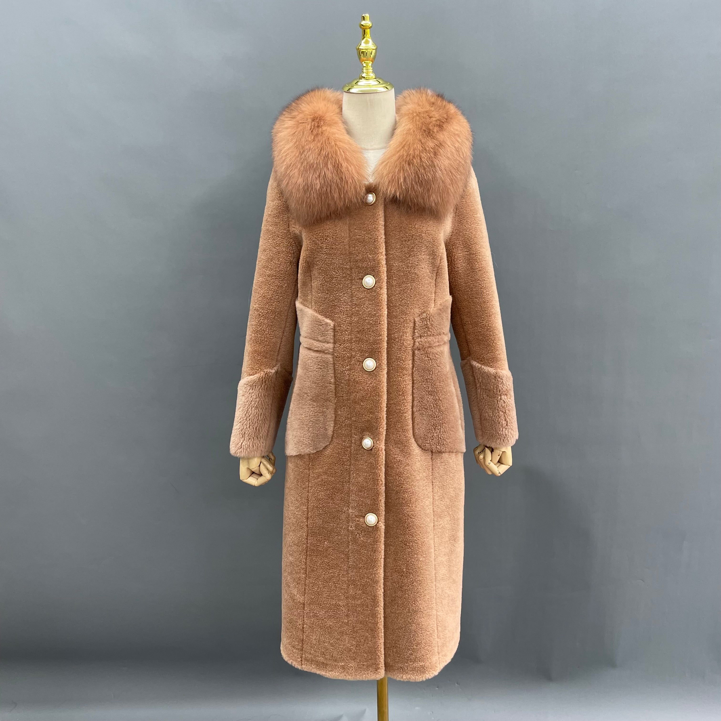 Women's Shearling Long Coat with Hood, Pearl Buttons & Fox Fur Trim - Luxurious Winter Outerwear