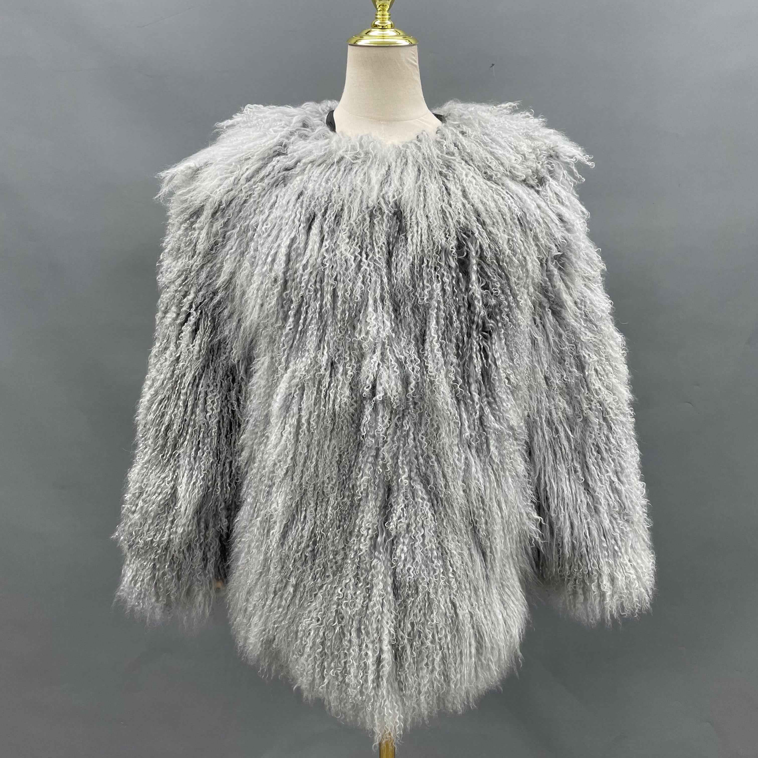 Women's Luxury Mid-Length Tibetan Lamb Fur Coat - Exclusive Harsh Winter Statement Outerwear Grey