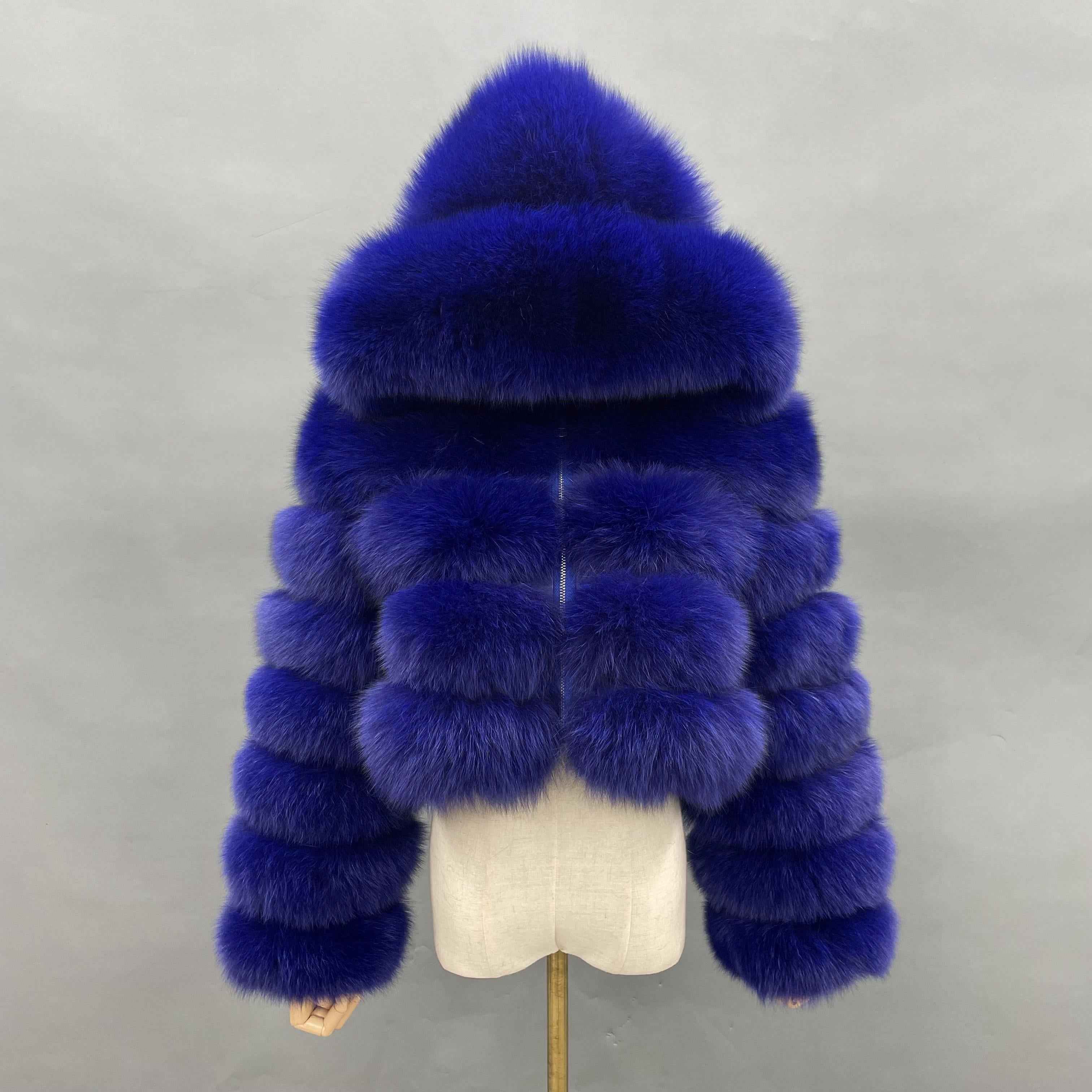 Women's Premium Fox Fur Cropped Hooded Jacket - 3-Panel Body & 6-Panel Sleeves with Zipper Closure Winter Fashion Warm Coat