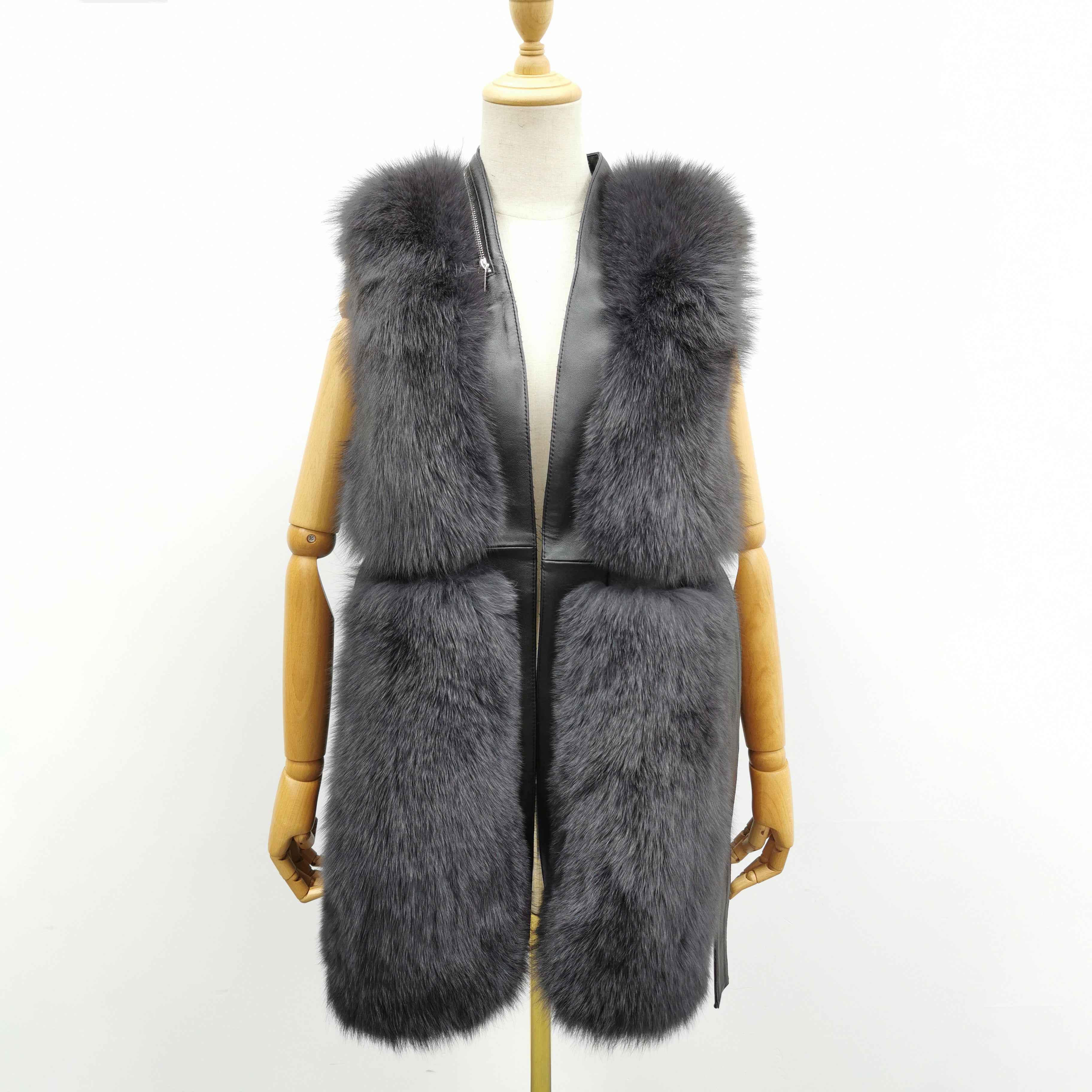 Women's Versatile Belted Fox Fur Vest - Stylish Outerwear Black