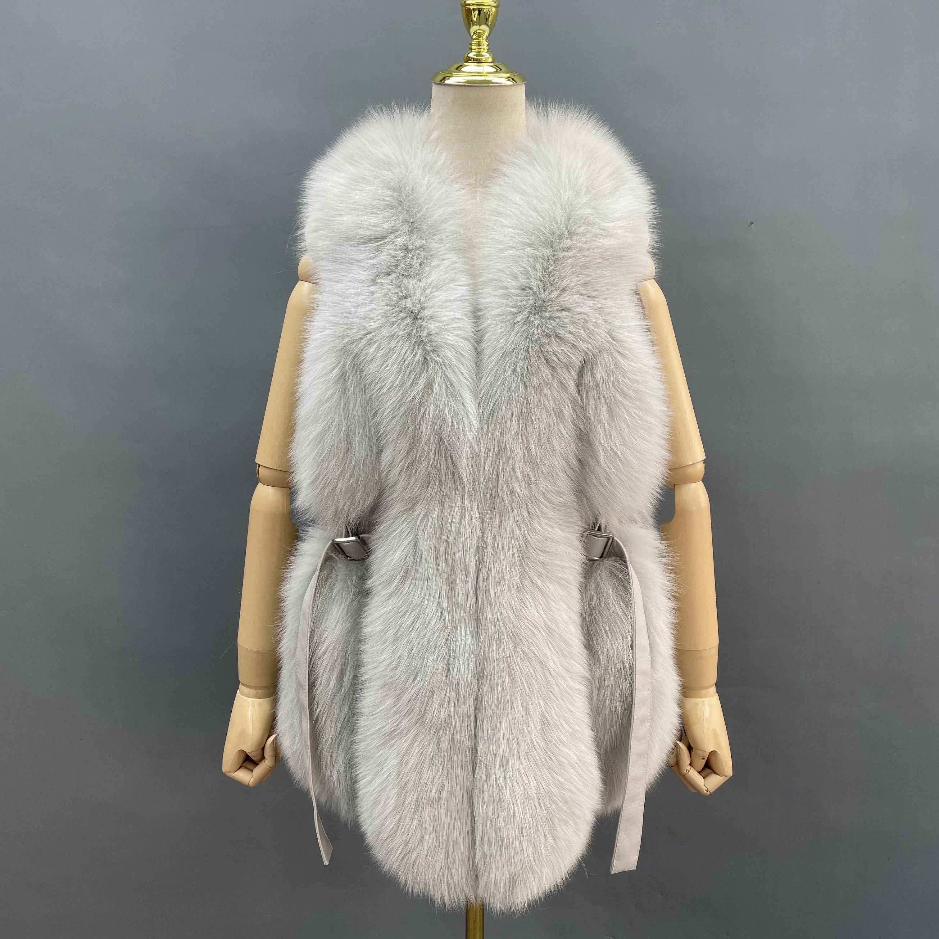 Women's Luxury Fox Fur Coat with Leather Buckle & Flowing Strap - Tufted Detail Designer Outerwear White