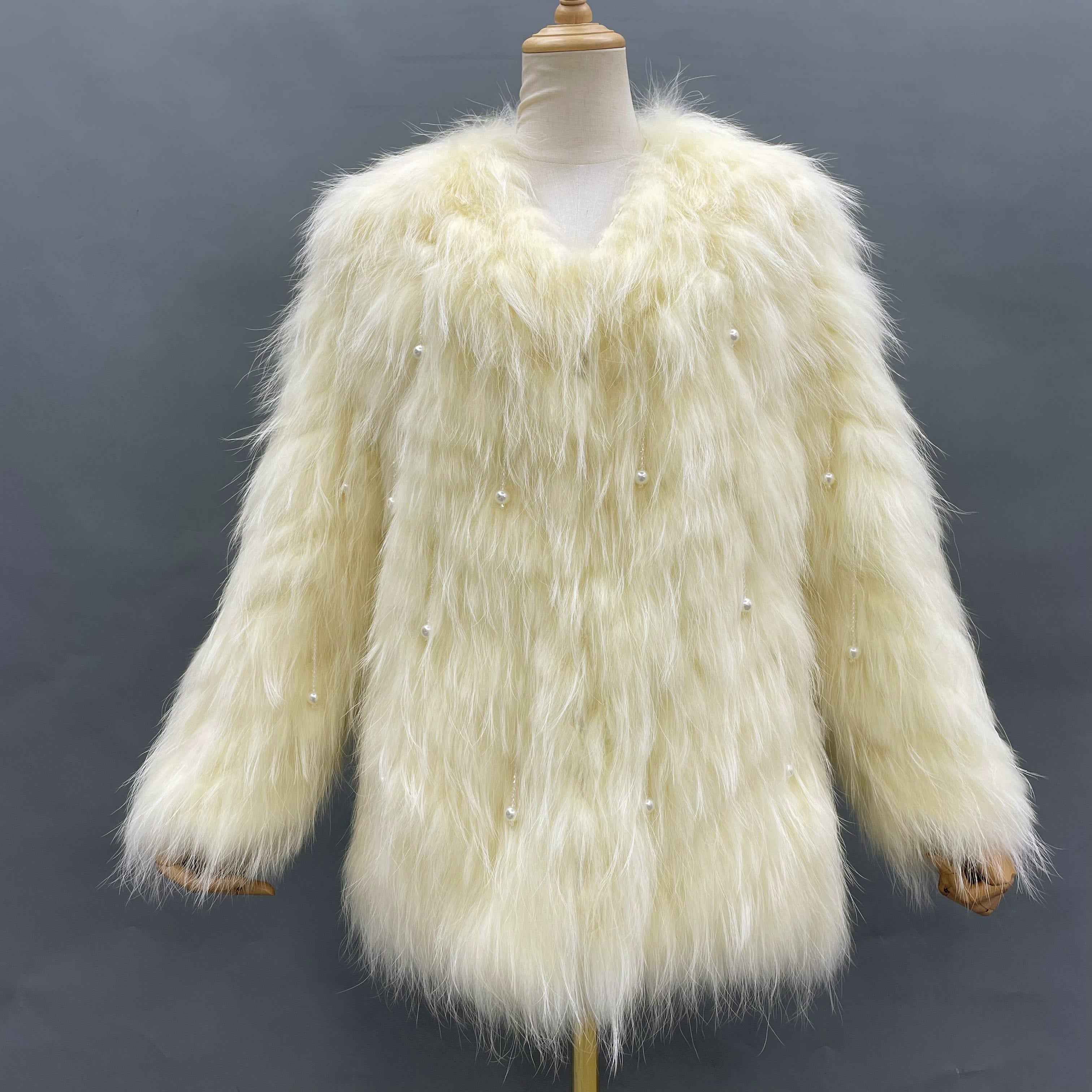 Women's Raccoon Fur Long Jacket - Pearl Tassel Party Statement Outerwear Light Yellow F-CHEST 100