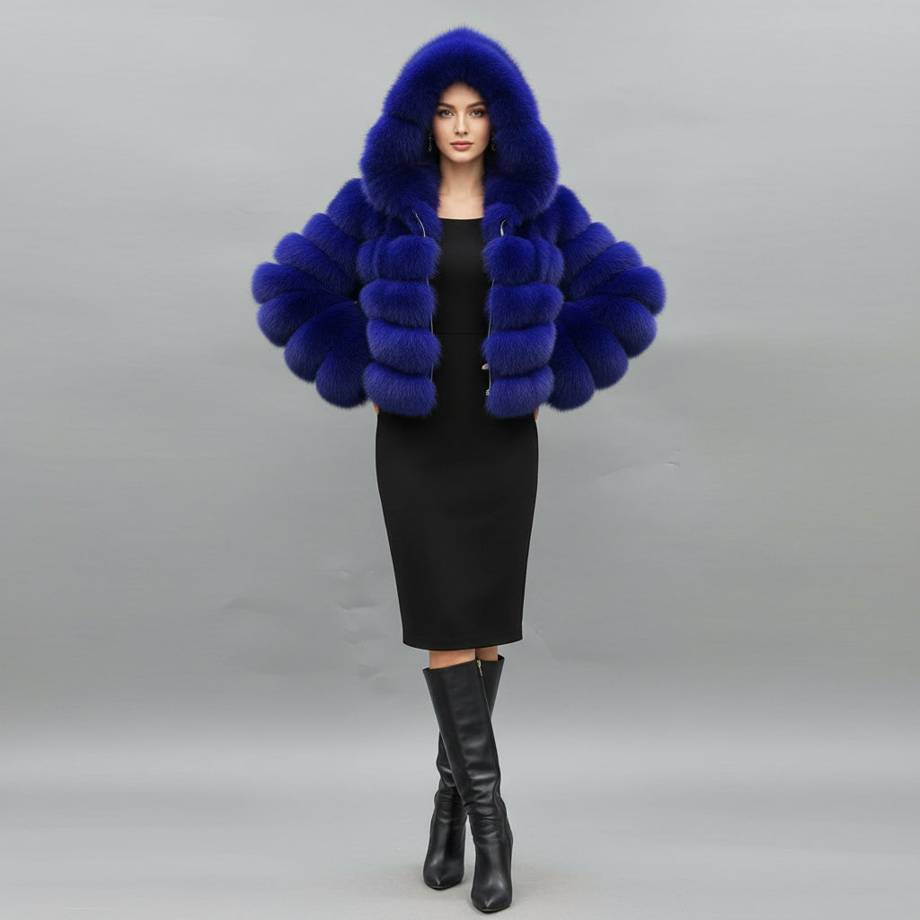 Women's Premium Fox Fur Cropped Hooded Jacket - 3-Panel Body & 6-Panel Sleeves with Zipper Closure Winter Fashion Warm Coat Blue