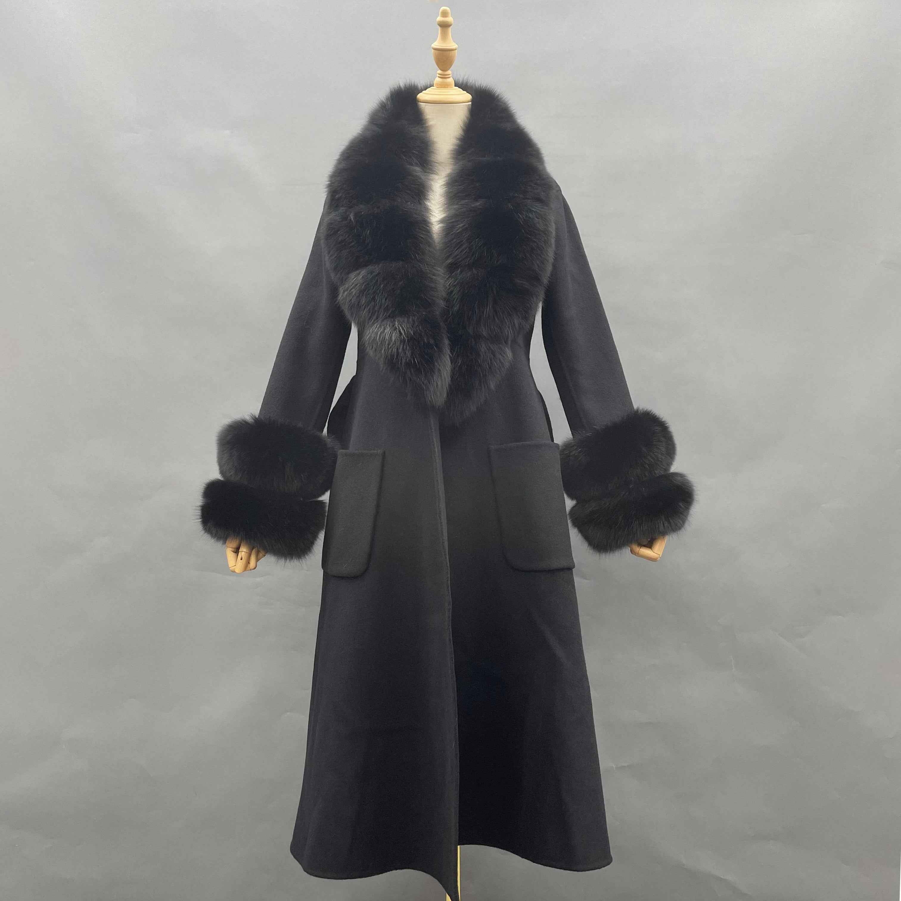 Women's Luxury Double - Faced Wool Coat with Segmented Fox Fur Collar, Two - Section Cuffs, Flared Skirt & Belt Black