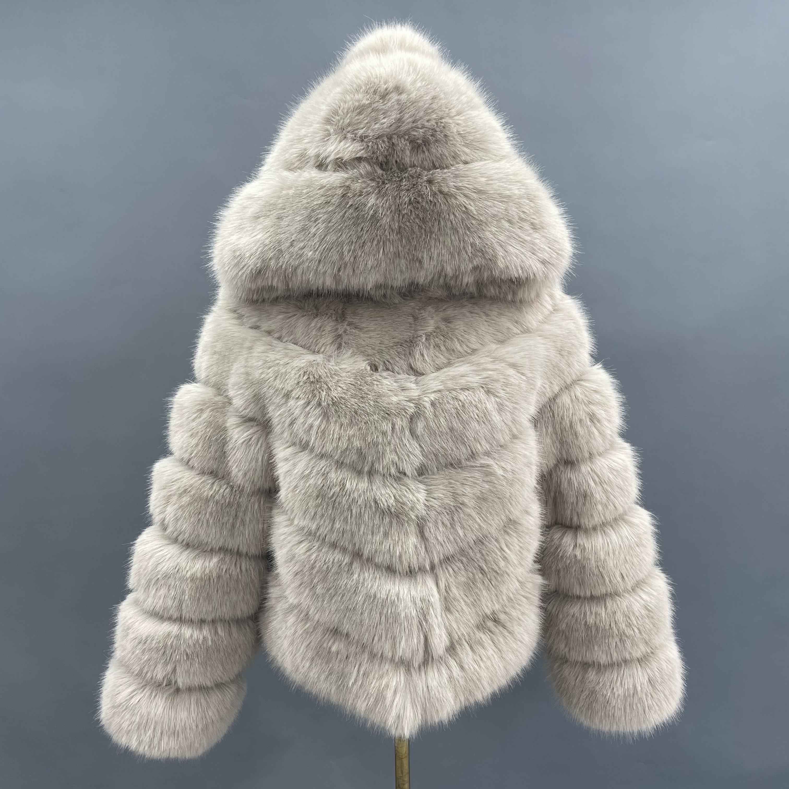 Women's 5-Panel Diagonal Stripe Hooded Faux Fur Coat - Highly Realistic Luxury Winter Outerwear Beige