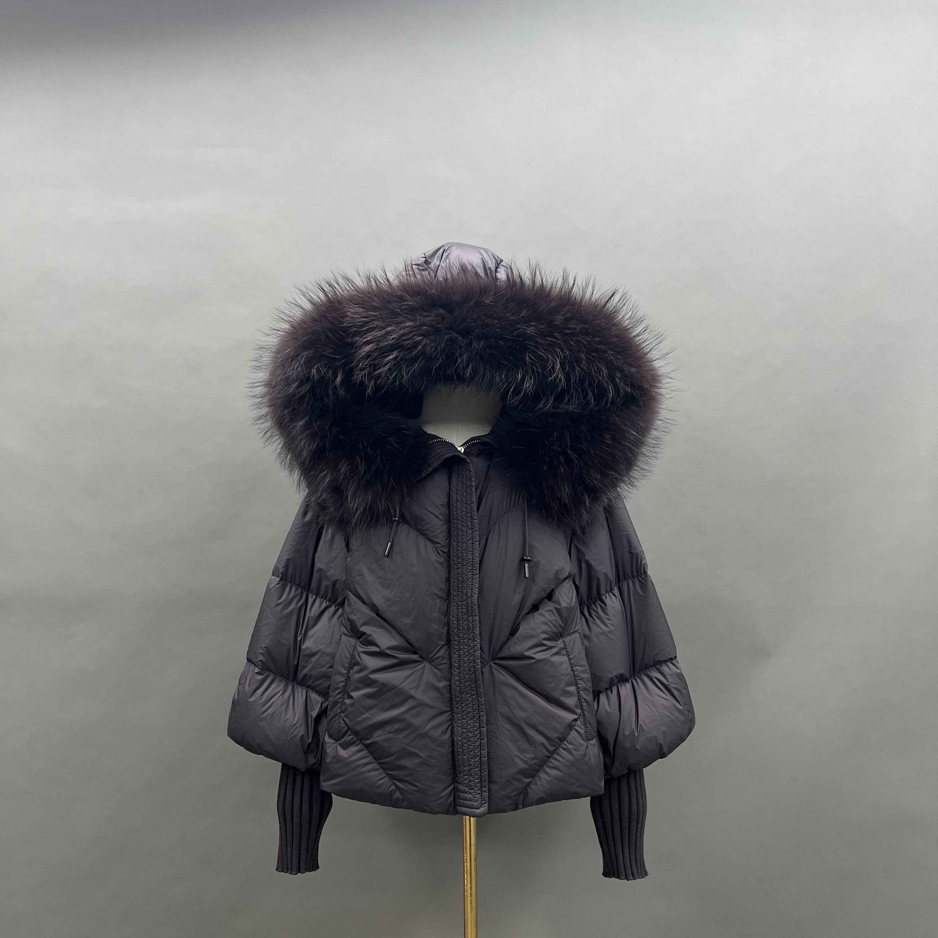 Women's Puffer Down Jacket with Raccoon Fur Trimmed Hood and Elastic - Extended Sleeves Light Black