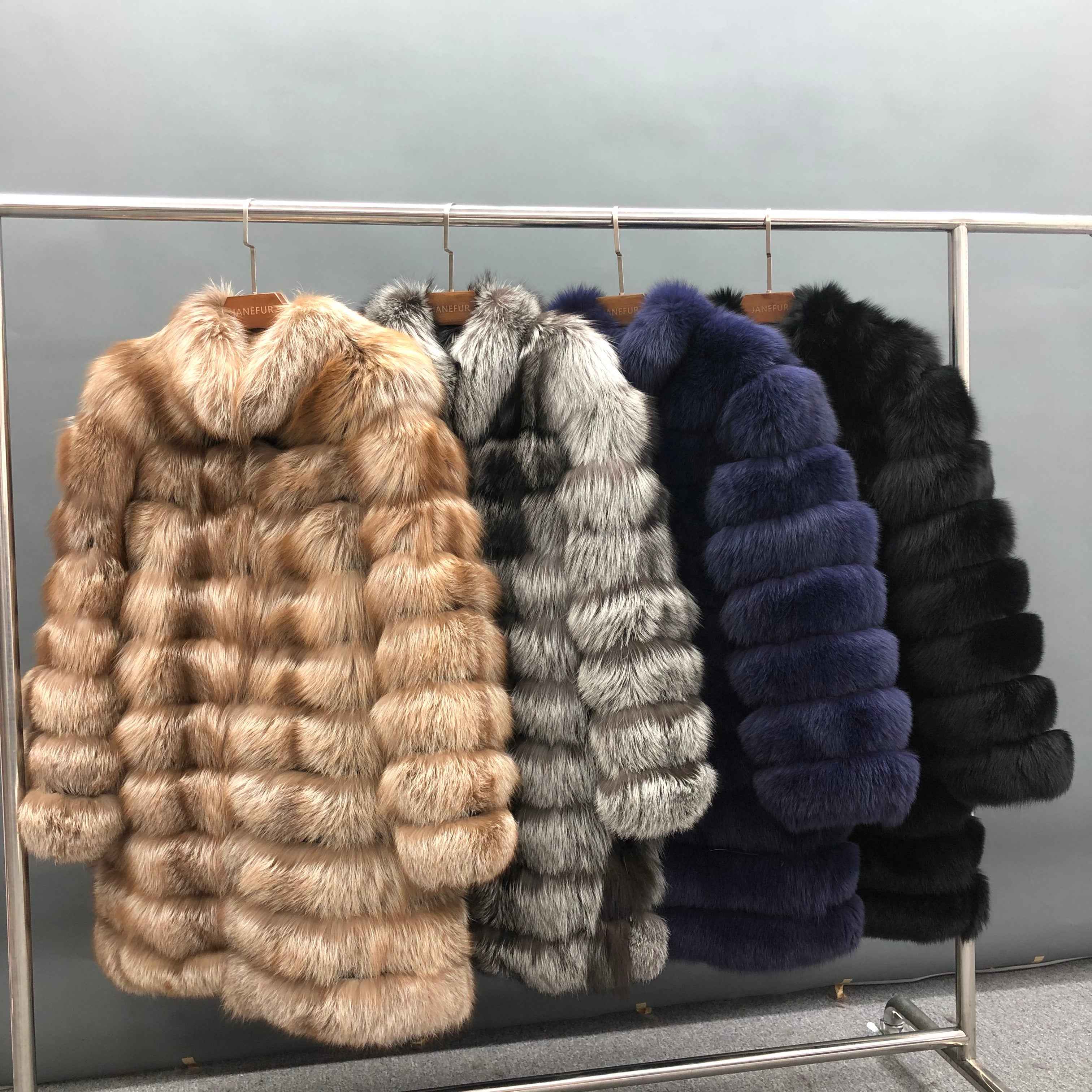 Vintage 10 - Panel Horizontal Stripe Stand Collar Fox Fur Coat - Winter Warm Outerwear