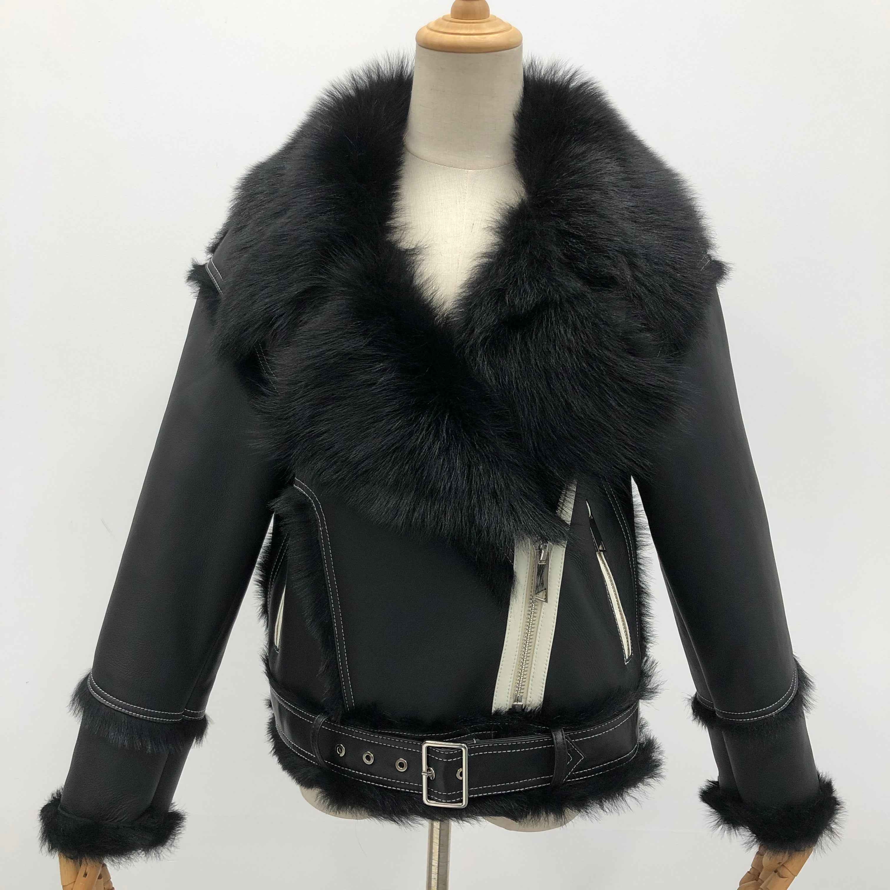 Women's Toscana Shearling Biker Jacket with Notched Lapel, Contrast Fur Trim & Belted Waist - Luxe Color-Block Outerwear