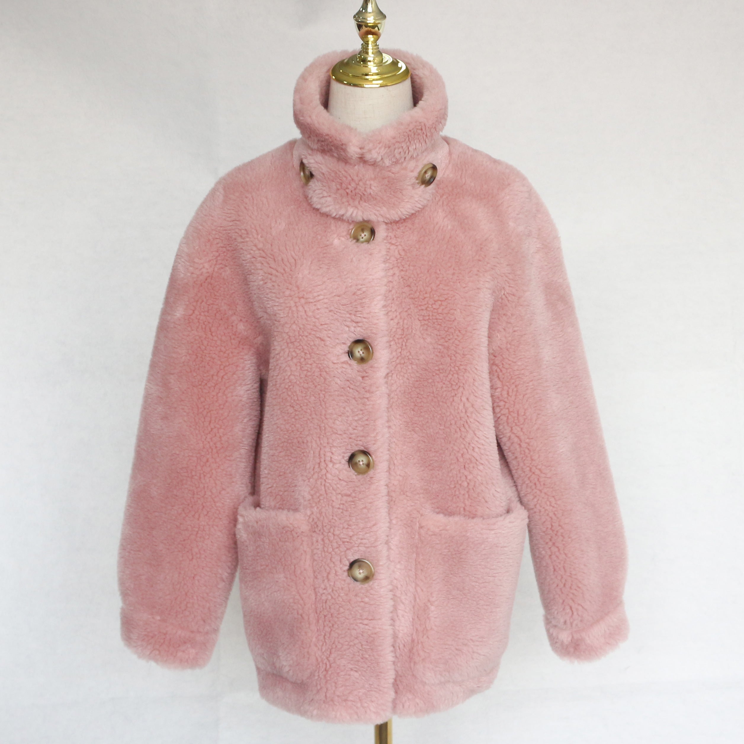 Women's Light Grey Short Sheepskin Shearling Jacket, Casual Stand Collar Button-Front Winter Outerwear