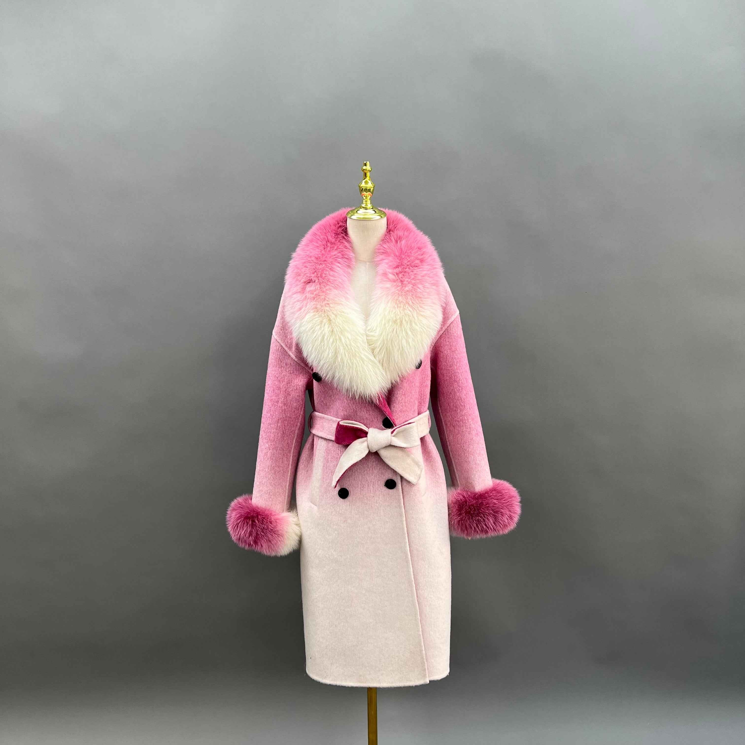 Cashmere Double Faced Coat with Fox Fur Collar & Cuffs and Tie Belt Pink