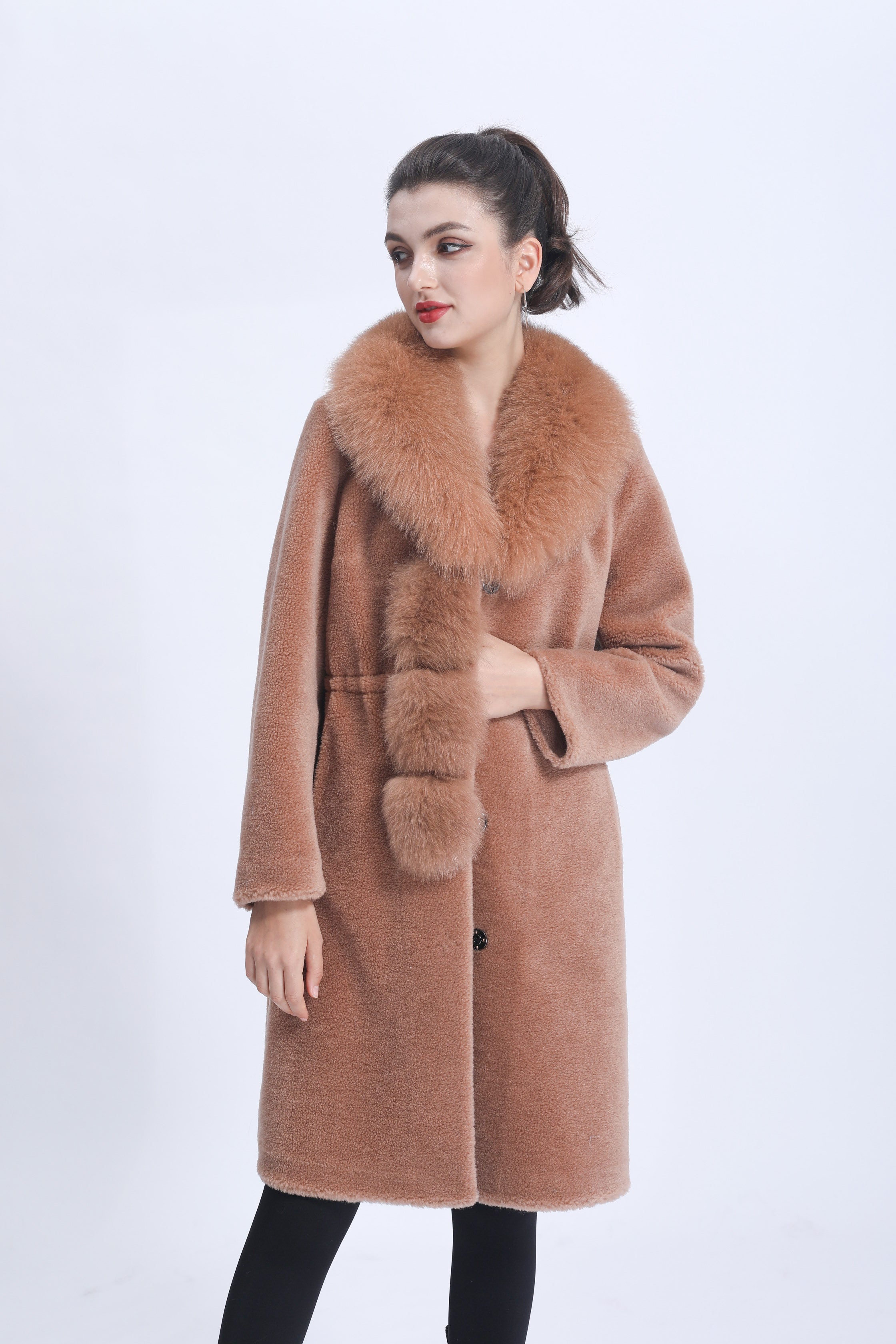 Women's Camel Shearling Long Coat with Shawl Collar, Fox Fur Trim & Waist-Tie Detail - Luxurious Winter Outerwear