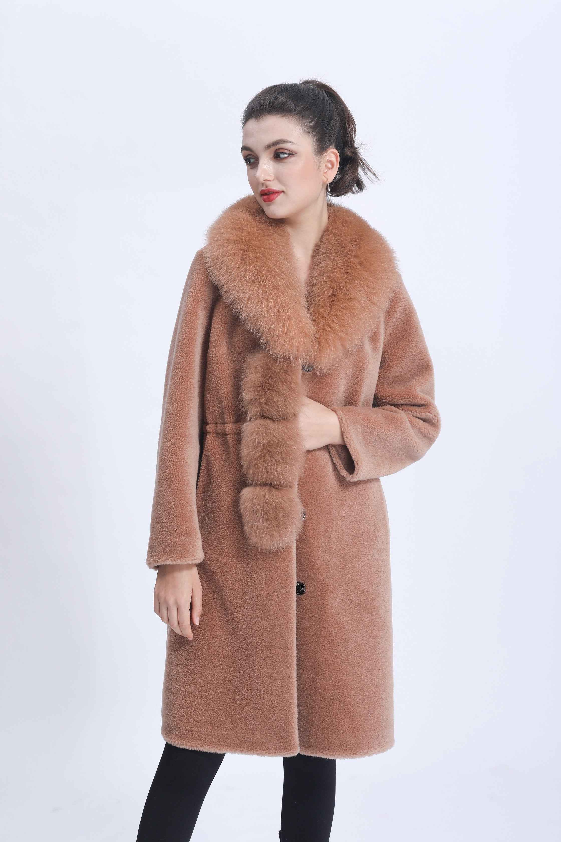 Women's Camel Shearling Long Coat with Shawl Collar, Fox Fur Trim & Waist-Tie Detail - Luxurious Winter Outerwear