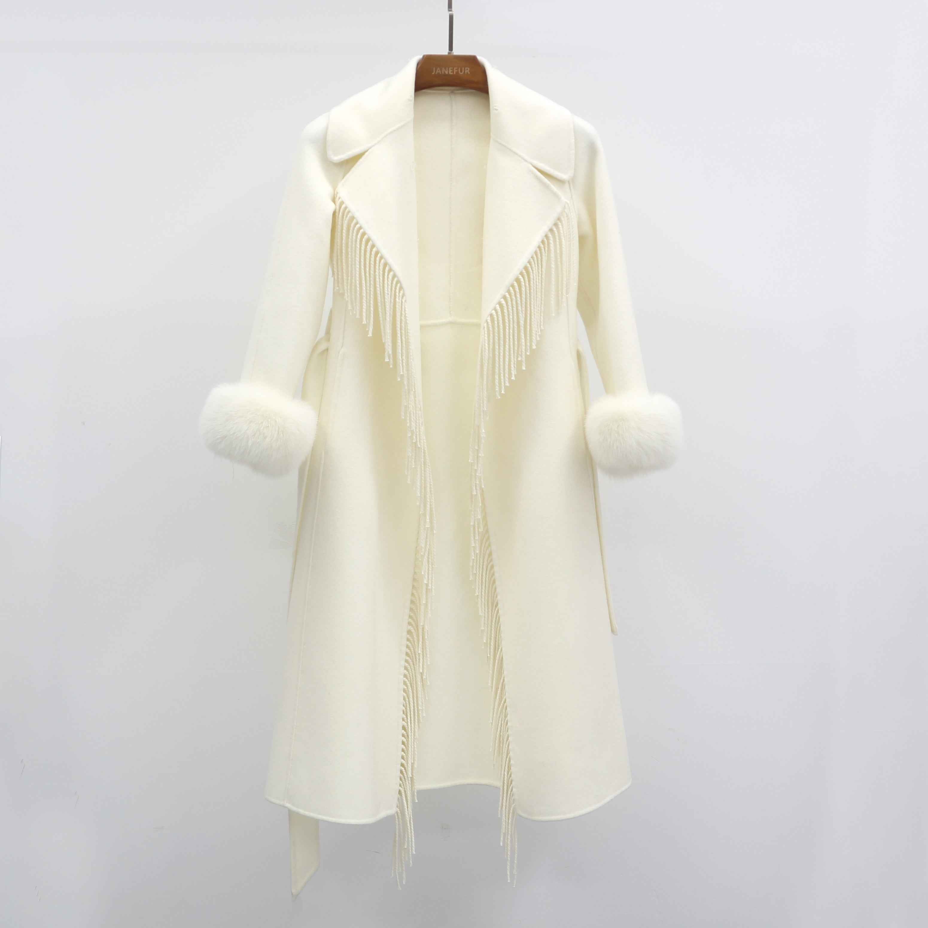 Women's Luxury Double - Faced Wool Coat with Fringe Detailing, Fox Fur Collar and Cuffs, Belted Elegant Winter Outerwear White