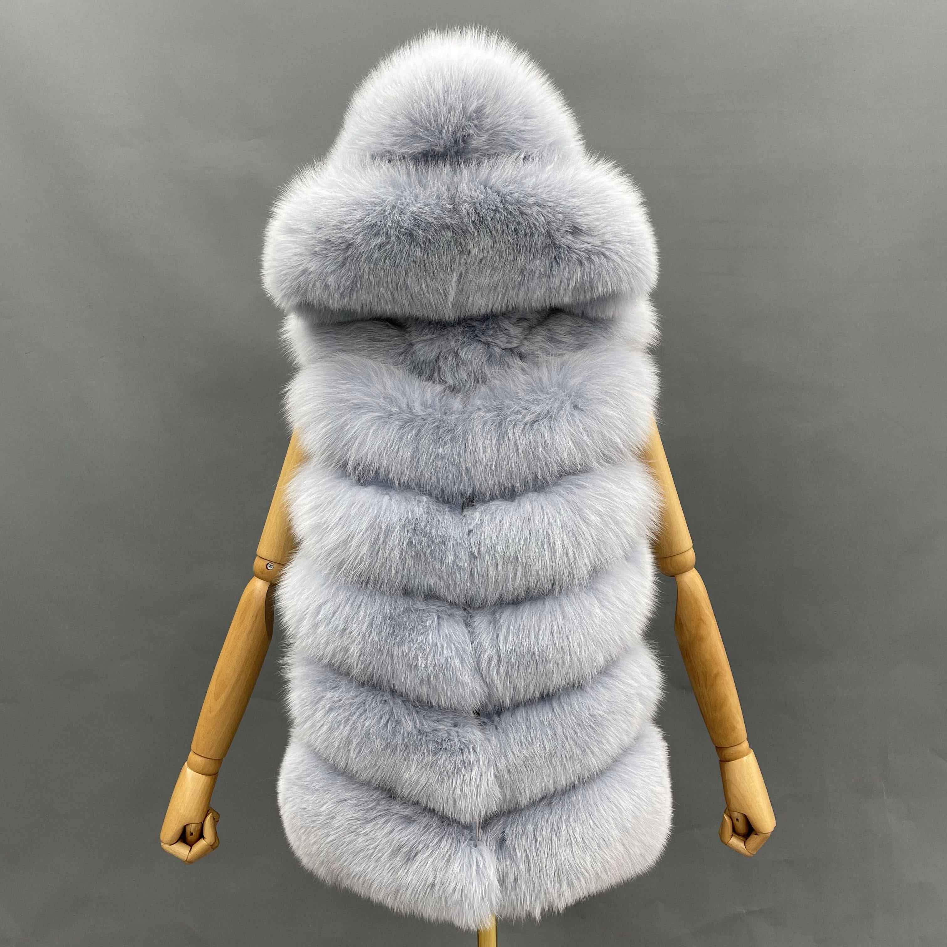Women's 6-Panel Hooded Fox Fur Vest - Classic Versatile Winter Essential Outerwear Grey