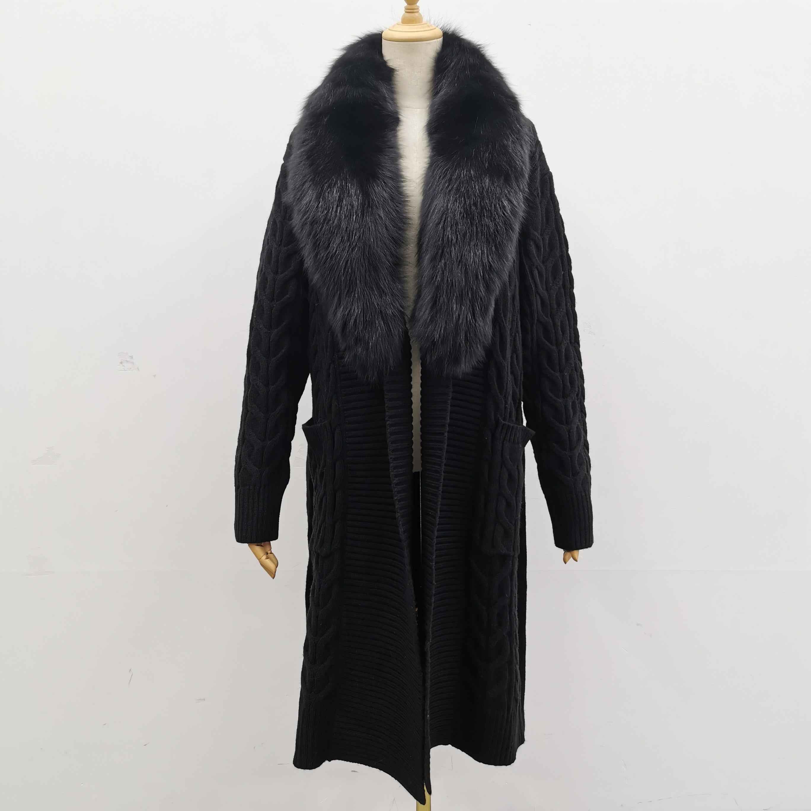 Women's Shawl Collar Knitted Coat with Fox Fur Collar & Self-Tie Belt - Luxe Winter Outerwear Black F