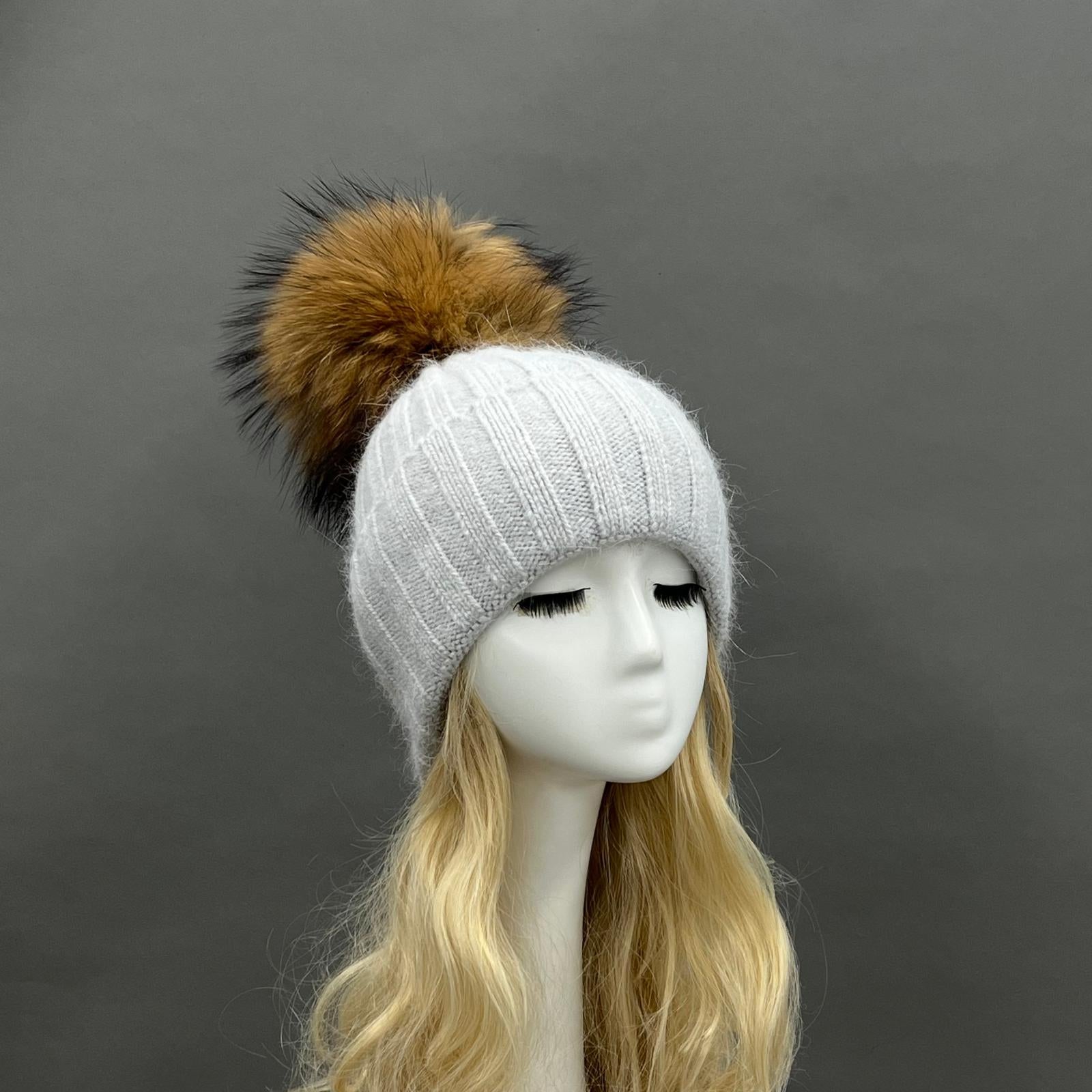 Thick Striped Angora Wool Pom Pom Winter Hat 1