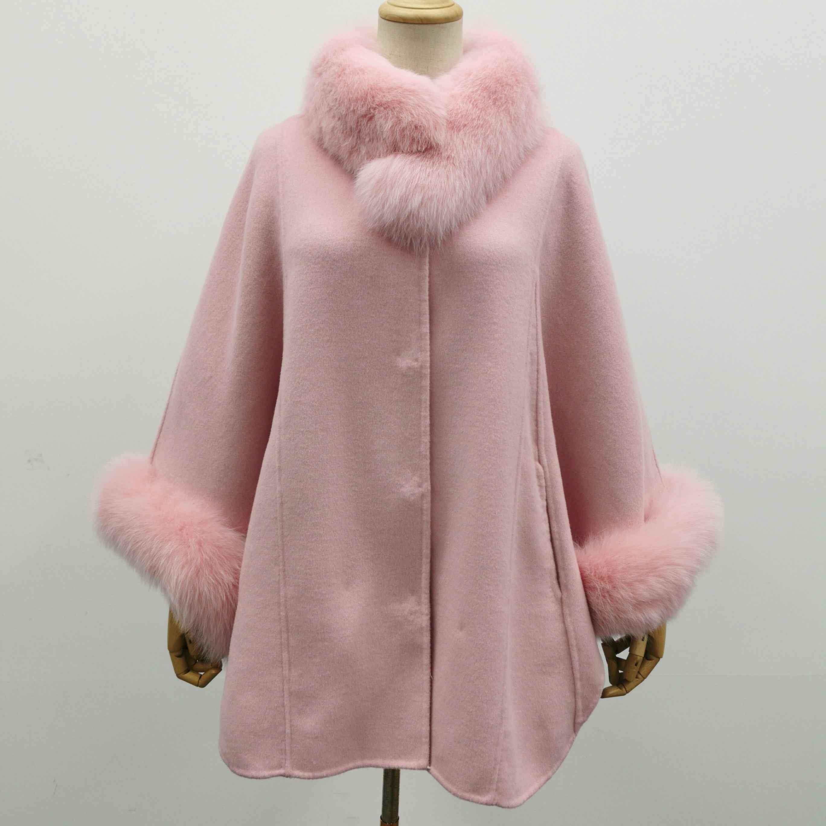 Women's Luxury Double - Faced Wool Cape with Removable Faux Fur Collar and Cuffs, Elegant Winter Outerwear Pink F