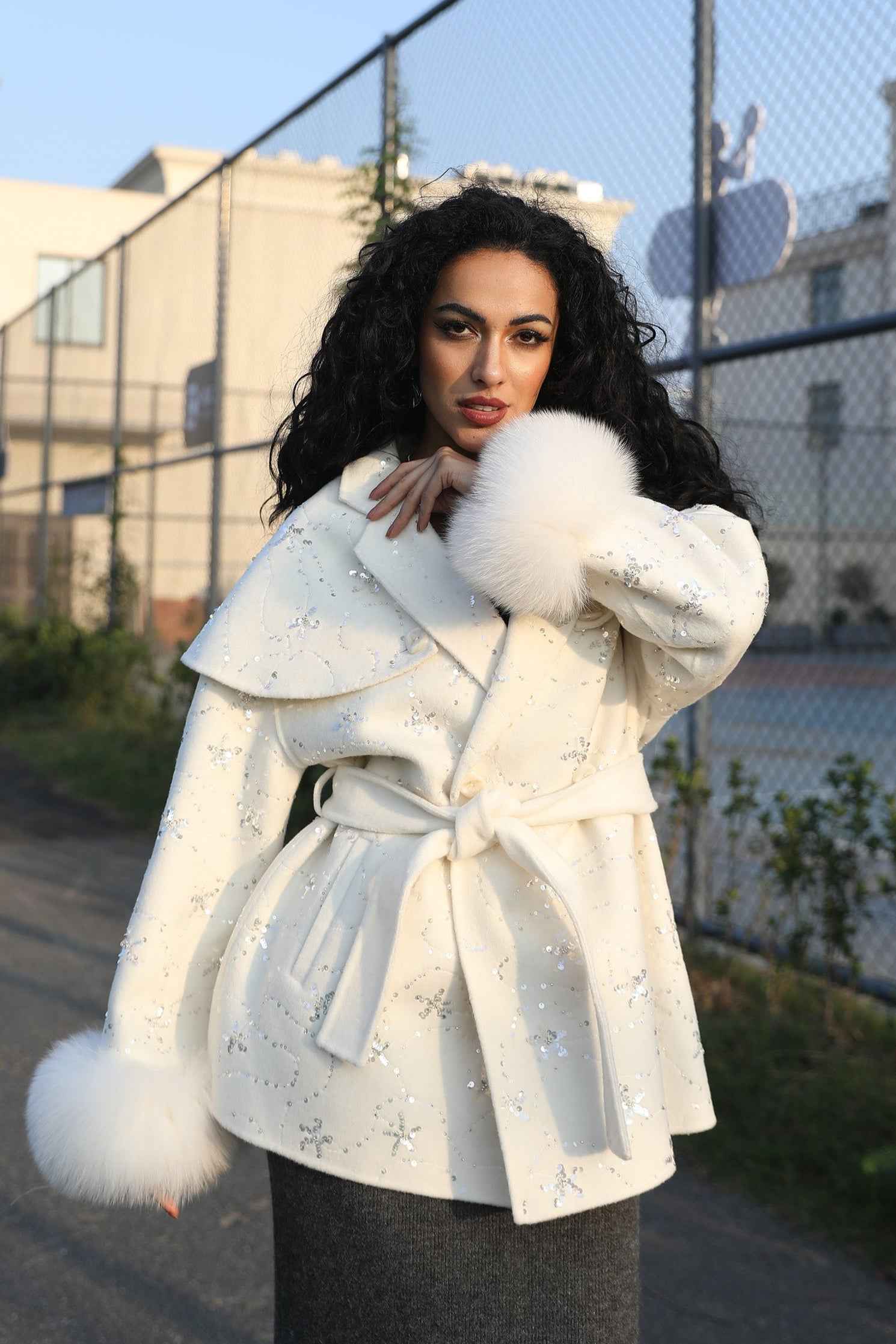 Women's Sequin Embellished Coat with Fox Fur Cuffs, Cape - Like Overlay & Self - Tie Belt, Elegant Winter Outerwear