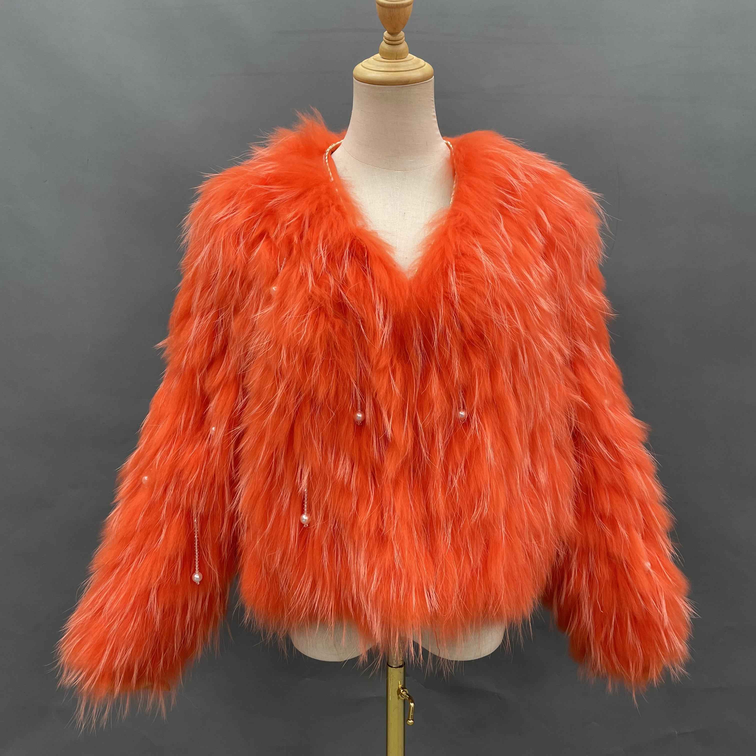Women's Glam Turquoise Raccoon Fur Jacket - Pearl Tassel Striped Cropped Party Outerwear Orange F-CHEST 100