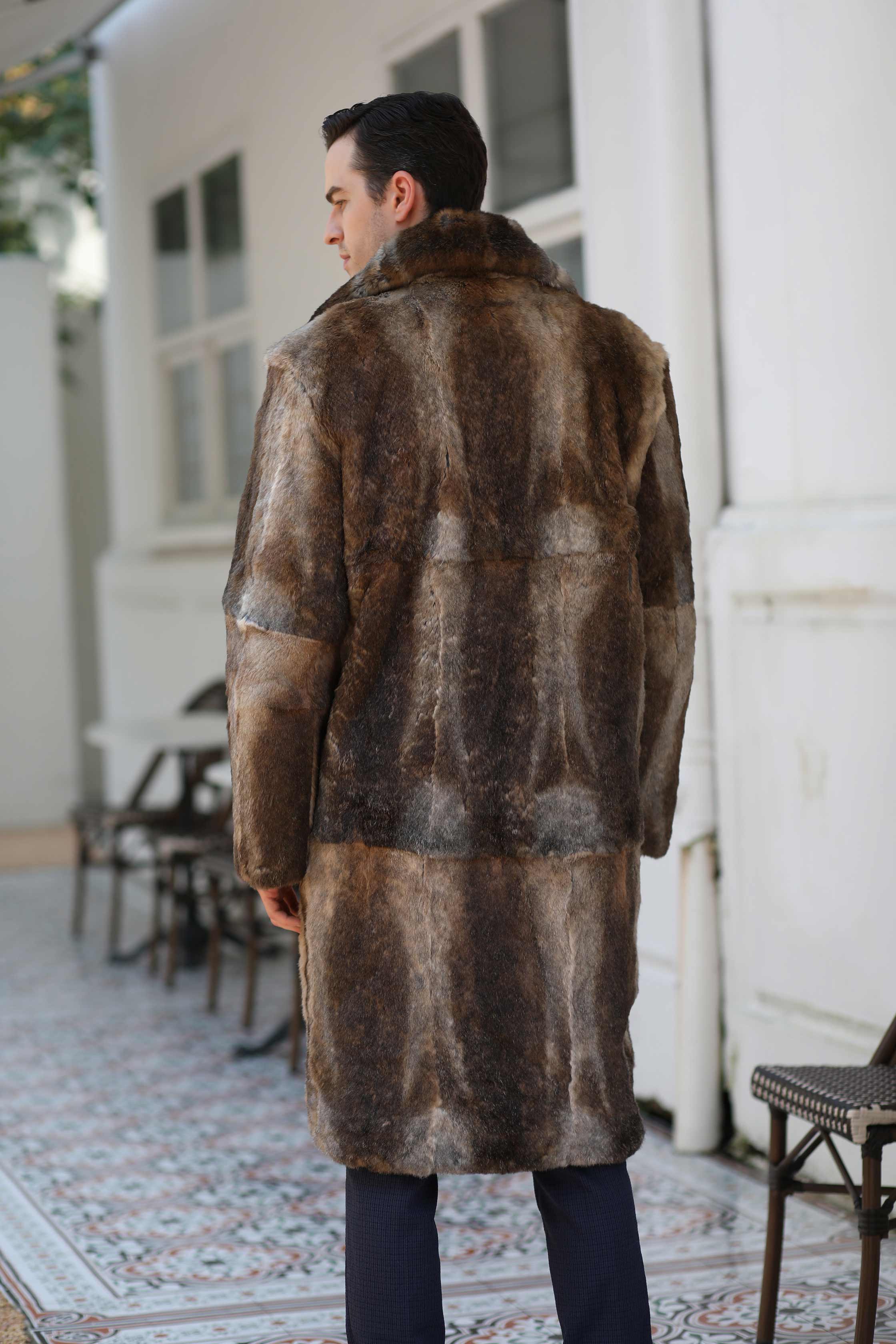 High Quality Men's Real Natural Fur Long Coat With Lapel Men's Rabbit Fur Coat