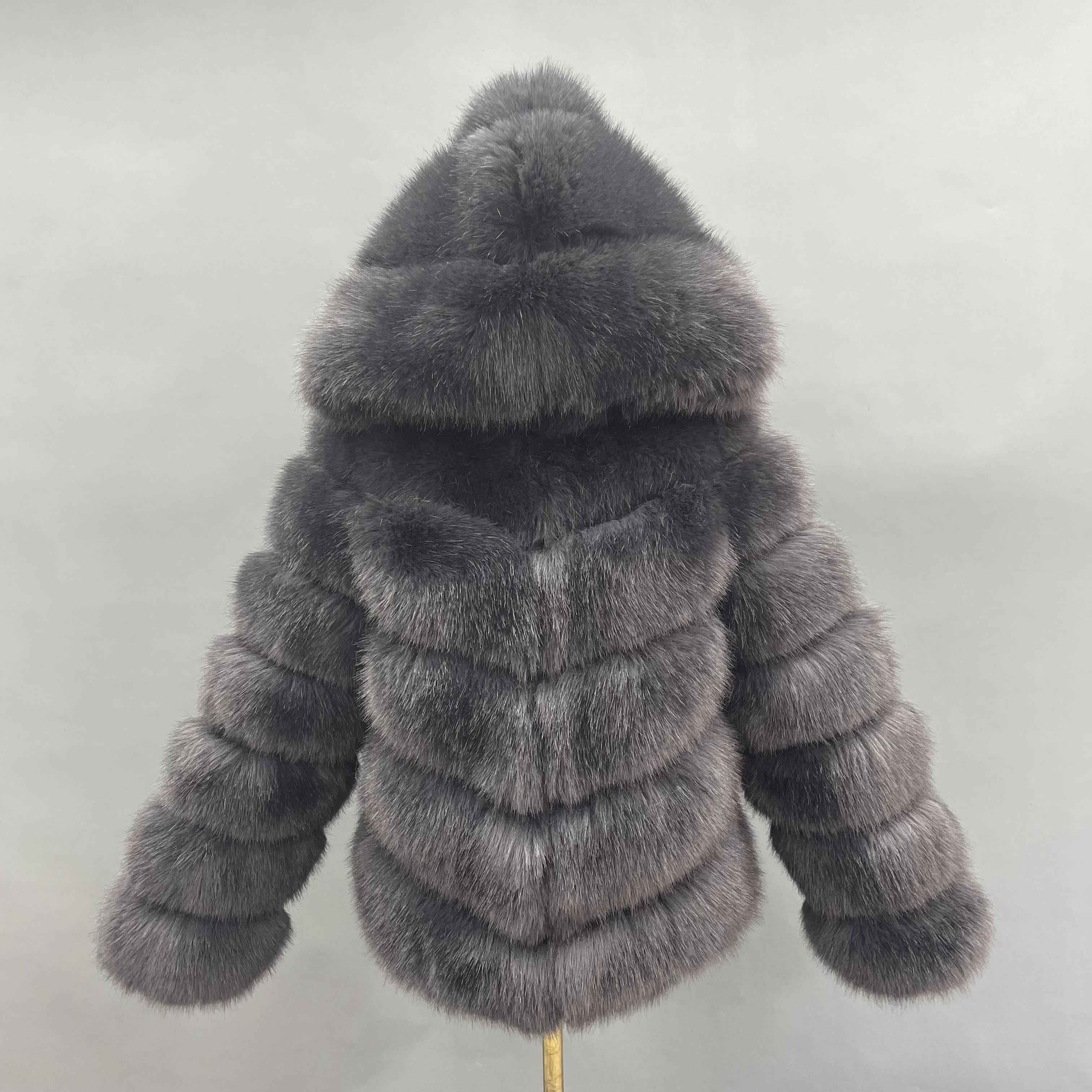 Women's 5-Panel Diagonal Stripe Hooded Faux Fur Coat - Highly Realistic Luxury Winter Outerwear Light Black