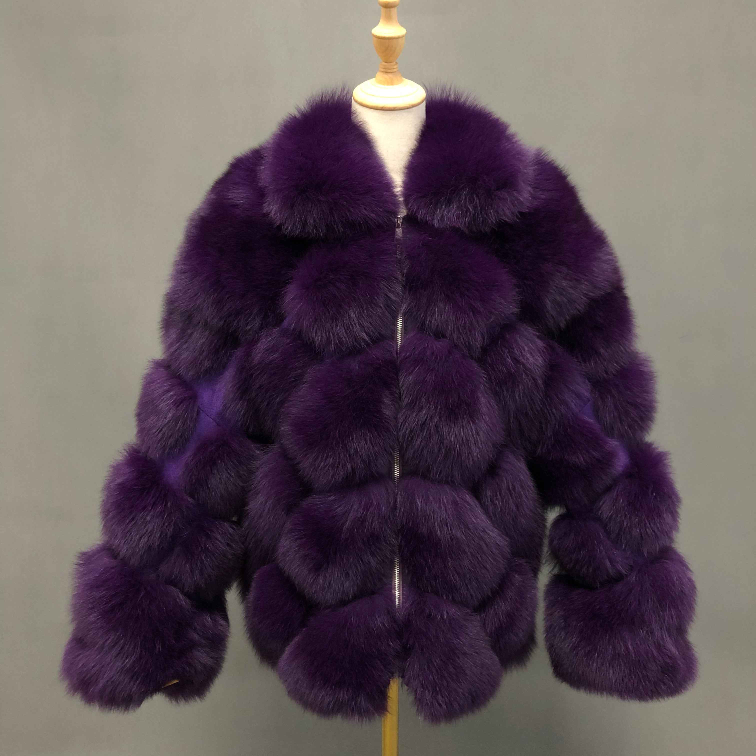 Women's Luxury Fox Fur Coat with Diamond Pattern - Winter Warm Fashion Fur Jacket Purple