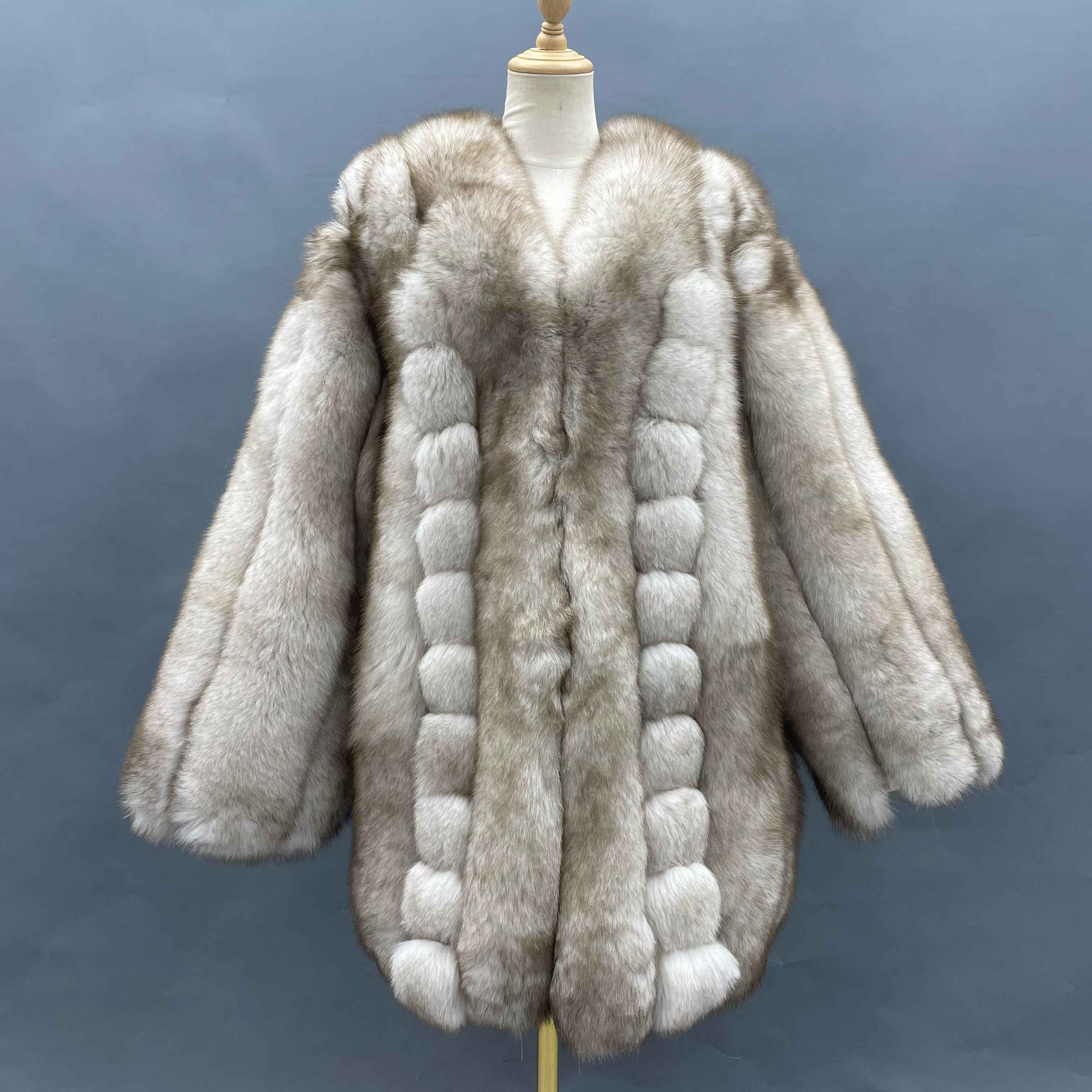 "Luxury Iridescent Fox Fur Coat: Artistic Puff-Stitched Winter Fashion Outerwear" Gray