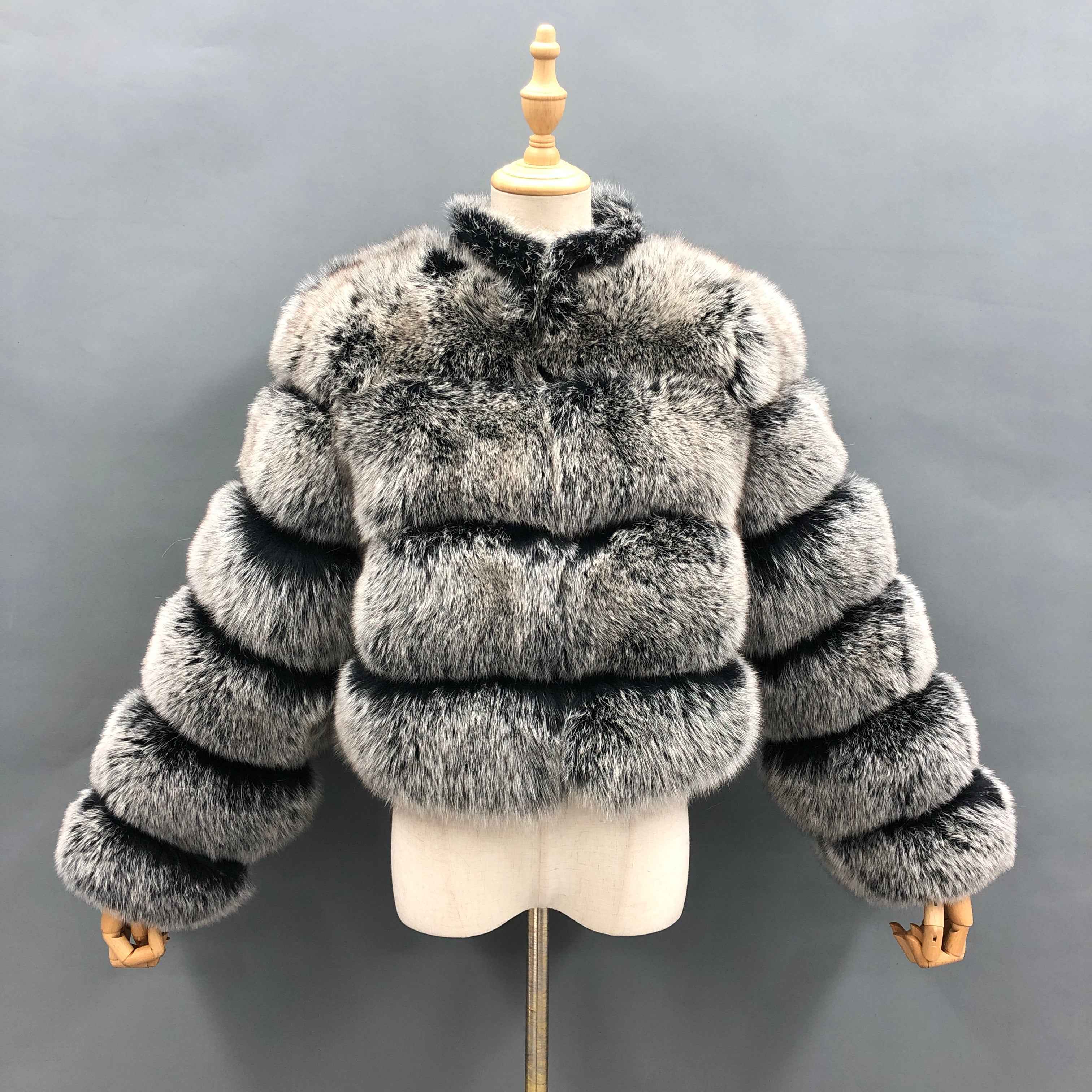 Women's Luxury Cropped Fox Fur Jacket - Layered Stand Collar Winter Fashion Statement Outerwear Animal 2