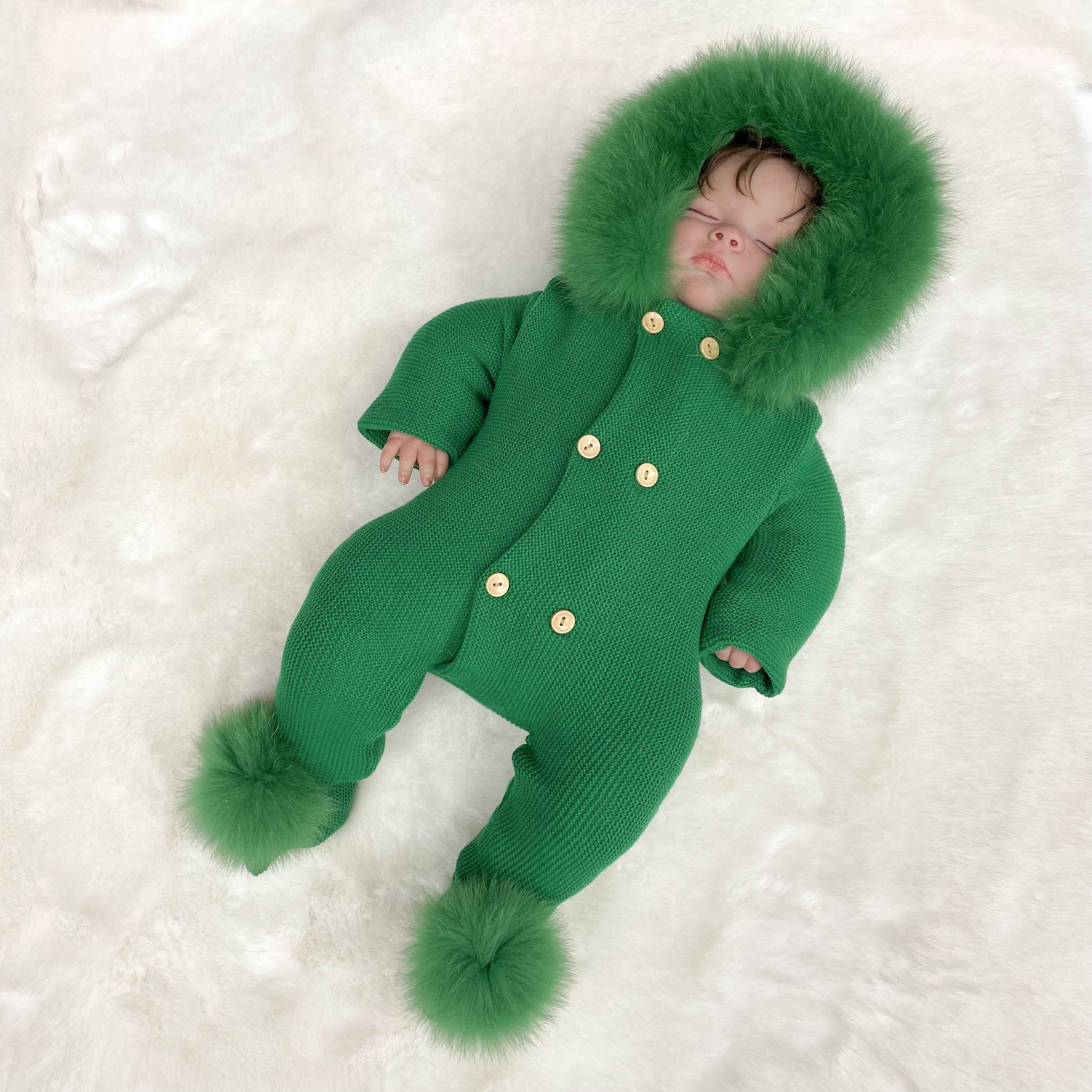 Soft Faux Fur Double-Breasted Knit Romper for Babies - Newborn to Toddler Warm Jumpsuit Green F