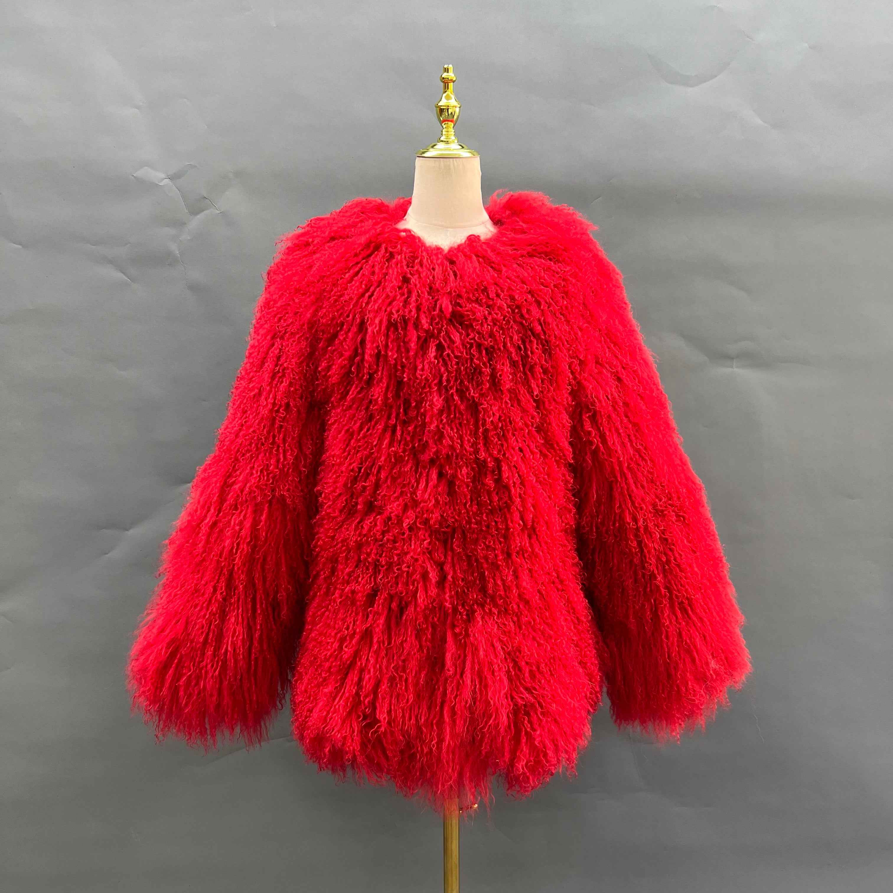 Women's Luxury Mid-Length Tibetan Lamb Fur Coat - Exclusive Harsh Winter Statement Outerwear Red