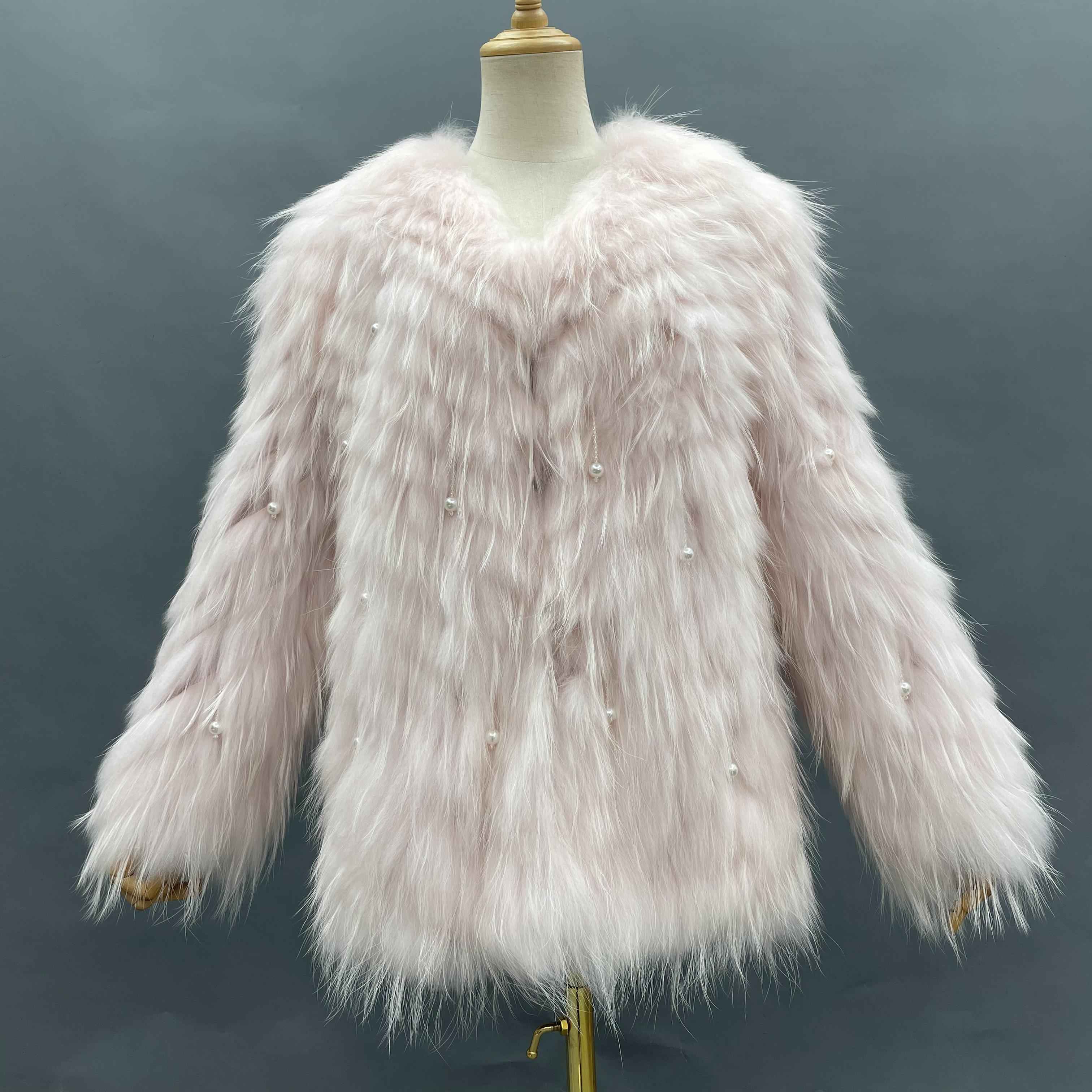 Women's Raccoon Fur Long Jacket - Pearl Tassel Party Statement Outerwear Light Pink F-CHEST 100
