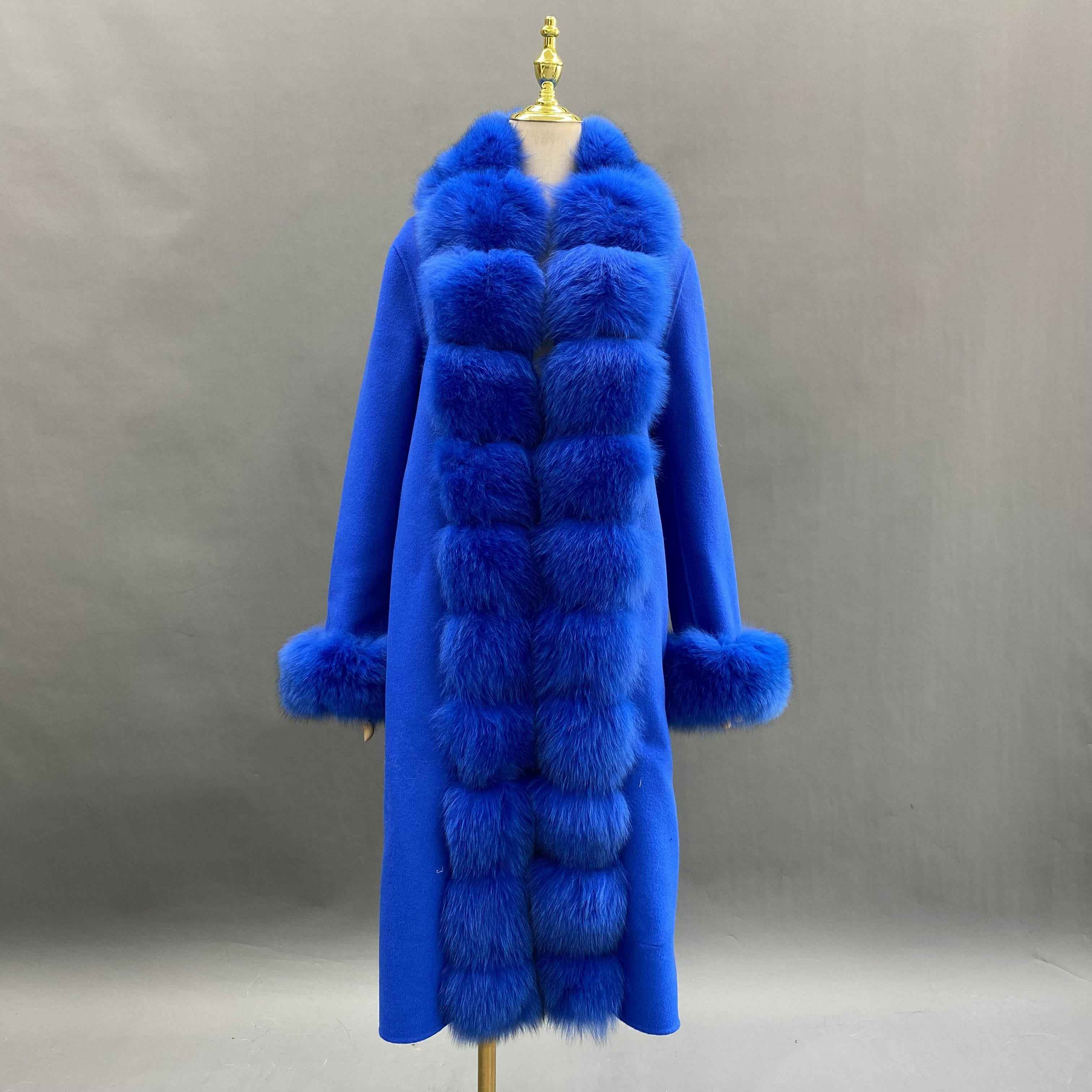 Luxury Cashmere Coat with Tiered Fox Fur Trim and Cuffed Sleeves Blue