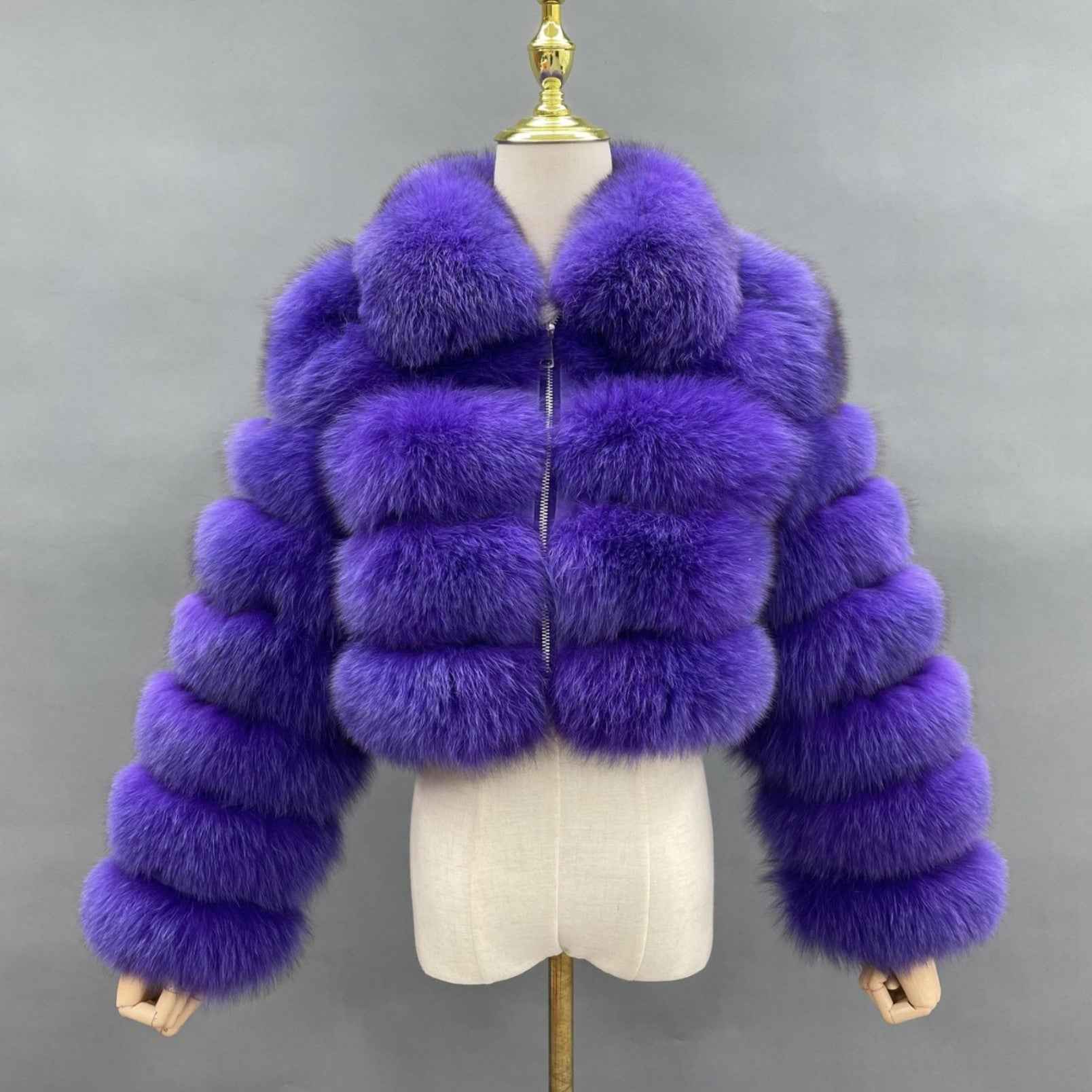 Women's Five Sections Zipper Fox Fur Coat Winter Coat Purple S-chest 92cm
