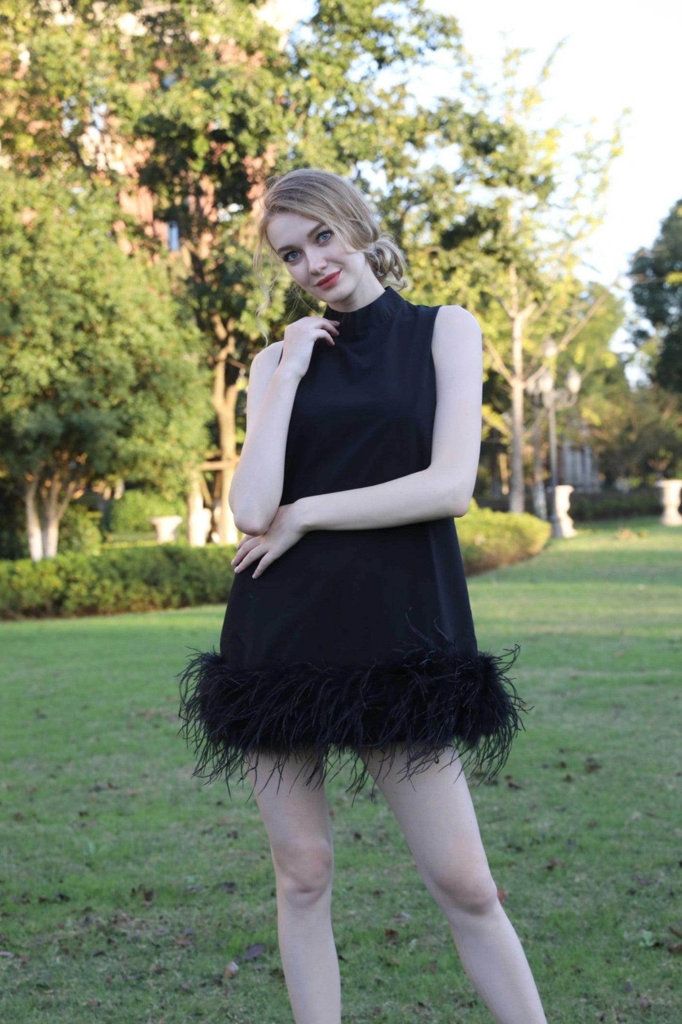 Long Dress With Ostrich Feather Hemline