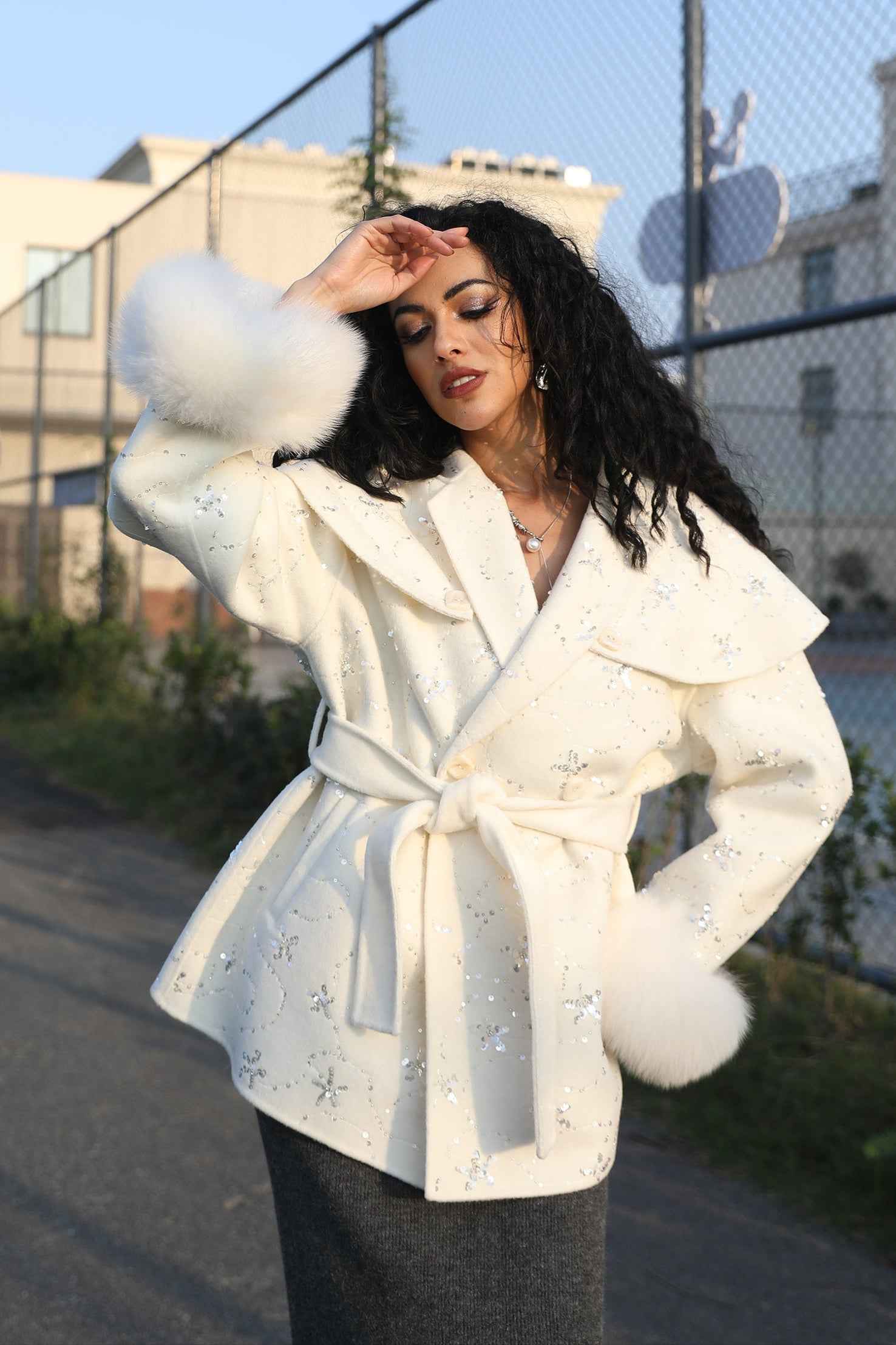 Women's Sequin Embellished Coat with Fox Fur Cuffs, Cape - Like Overlay & Self - Tie Belt, Elegant Winter Outerwear