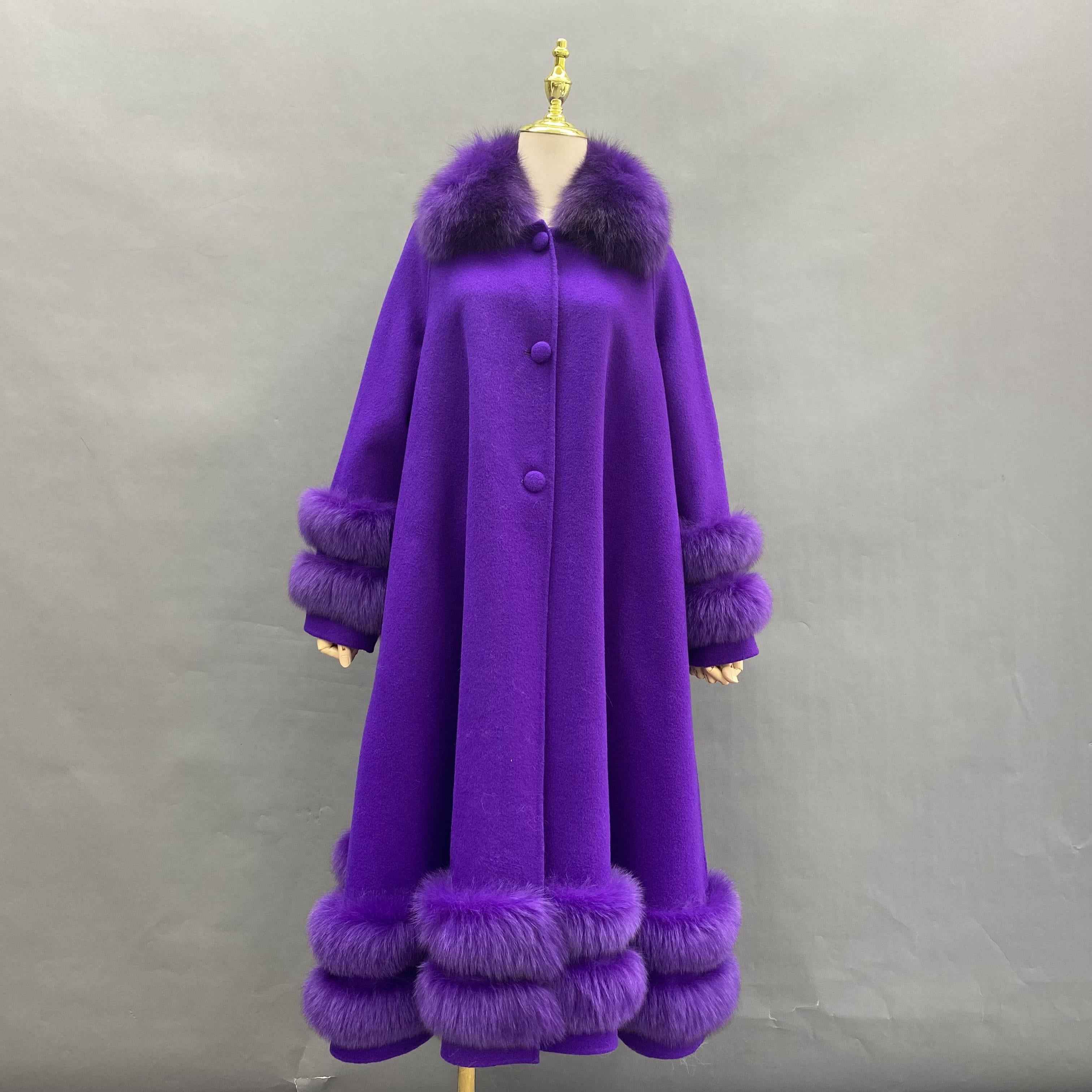 Double - Faced Wool Coat with Double - Layer Fox Fur Trim on Cuffs, Hem & Collar - Luxury Warm Fashion Winter Outerwear Purple