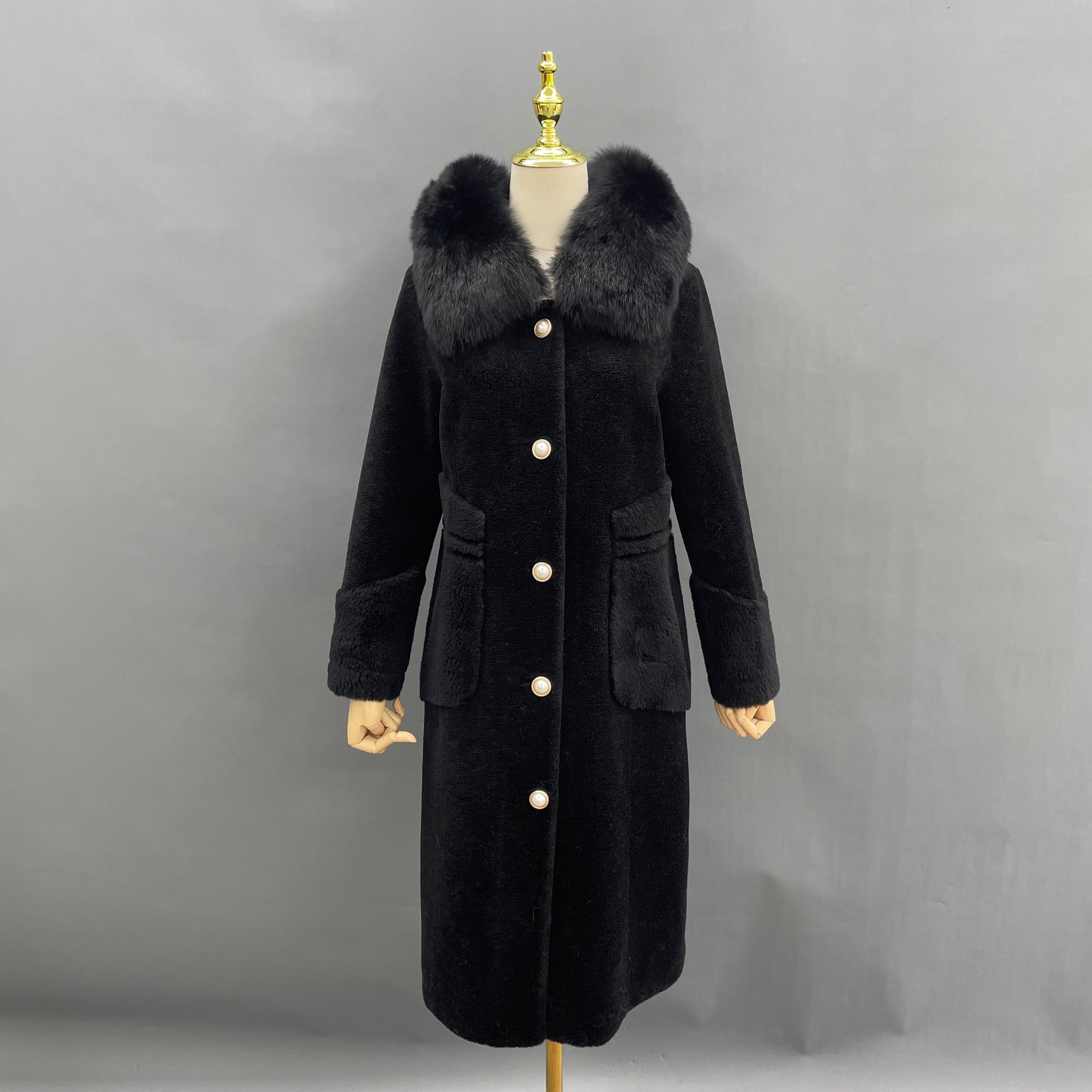 Women's Shearling Long Coat with Hood, Pearl Buttons & Fox Fur Trim - Luxurious Winter Outerwear