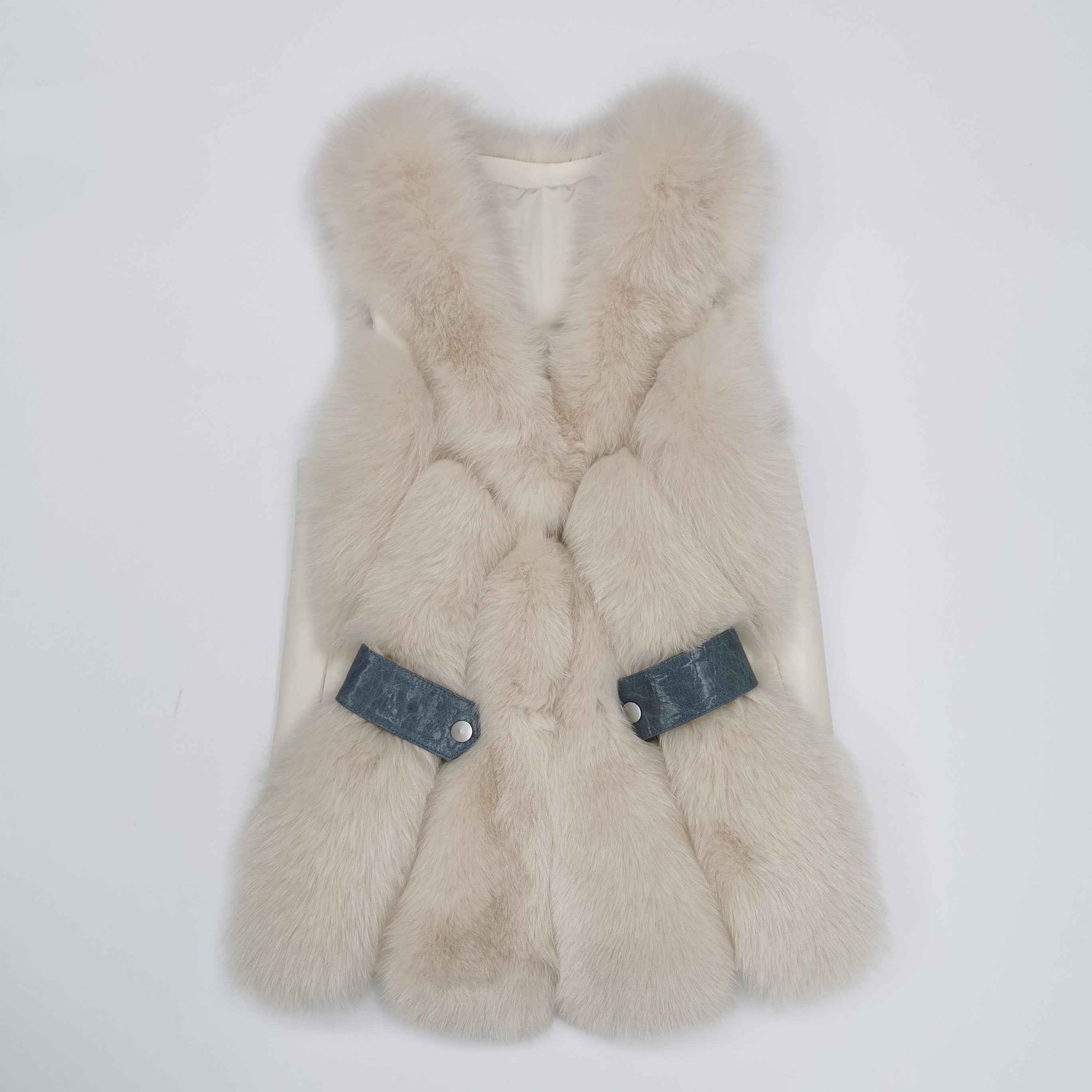 Women's Fox Fur Vest with Leather Loop Detail - Relaxed Style Outerwear White