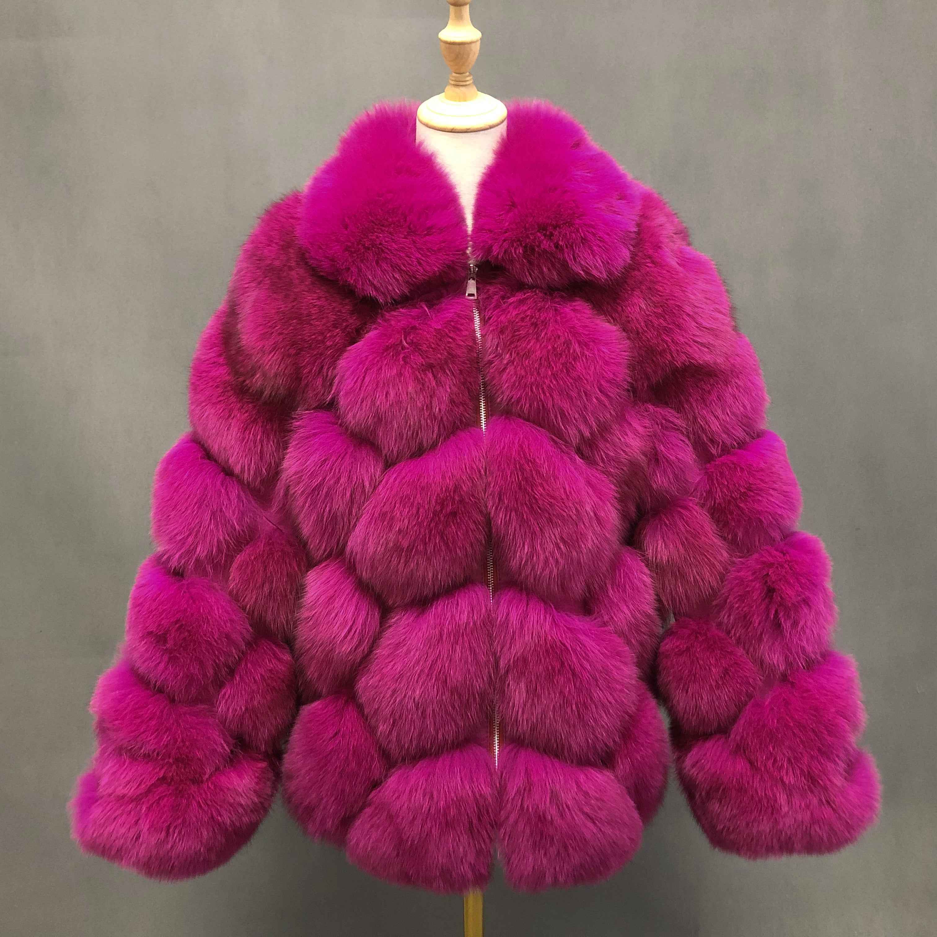 Women's Luxury Fox Fur Coat with Diamond Pattern - Winter Warm Fashion Fur Jacket Hot Pink