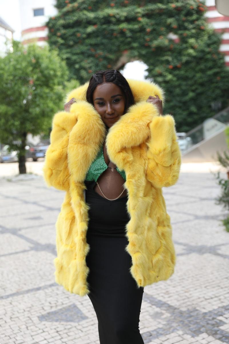 Women's Long Yellow Hooded Fox Fur Coat