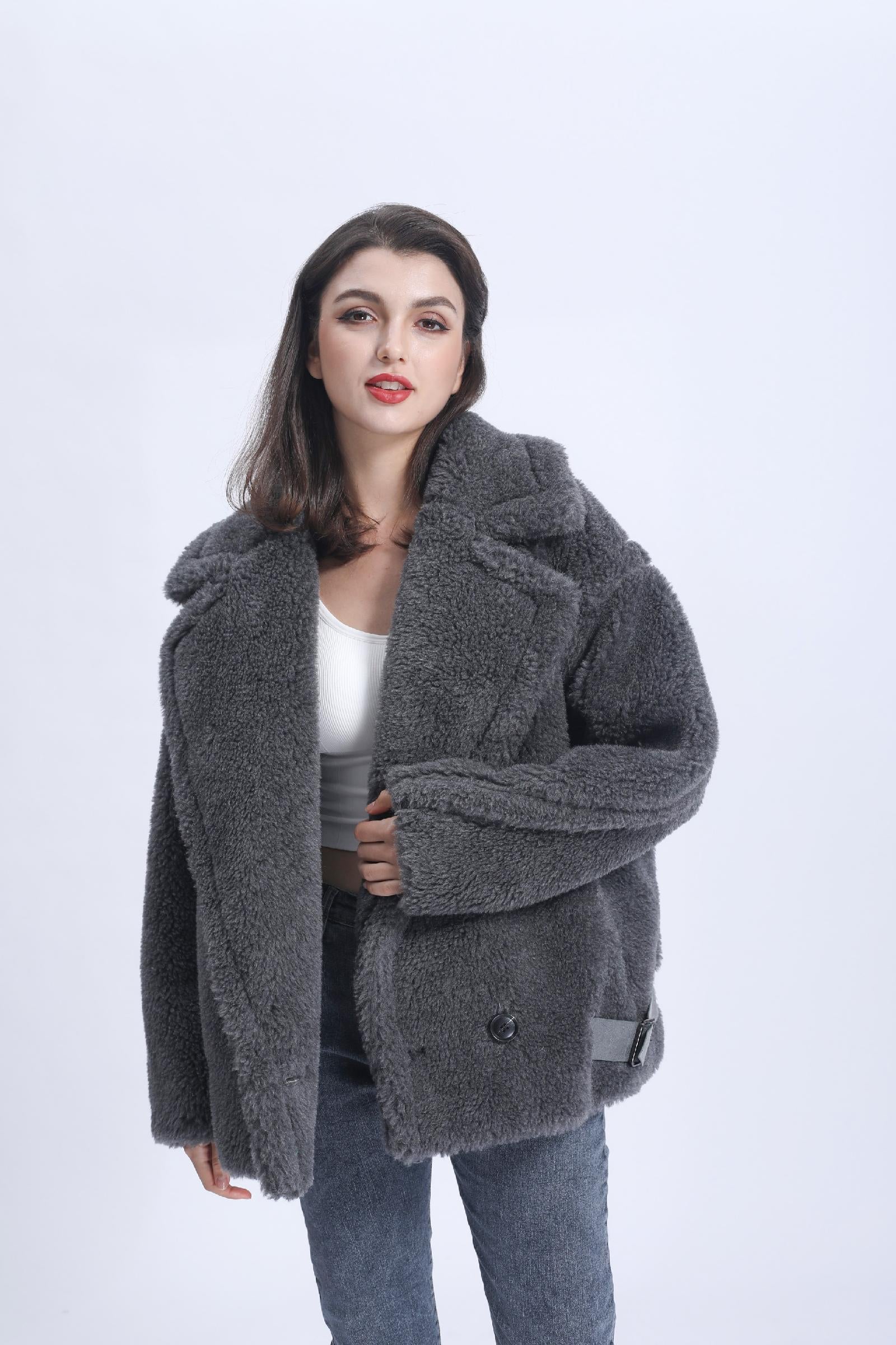 Womens' Teddy Shearling Coat with Leather Button Hem and Double-breasted Lamb Wool Jacket Spring Fur Coat grey F-chest 128cm
