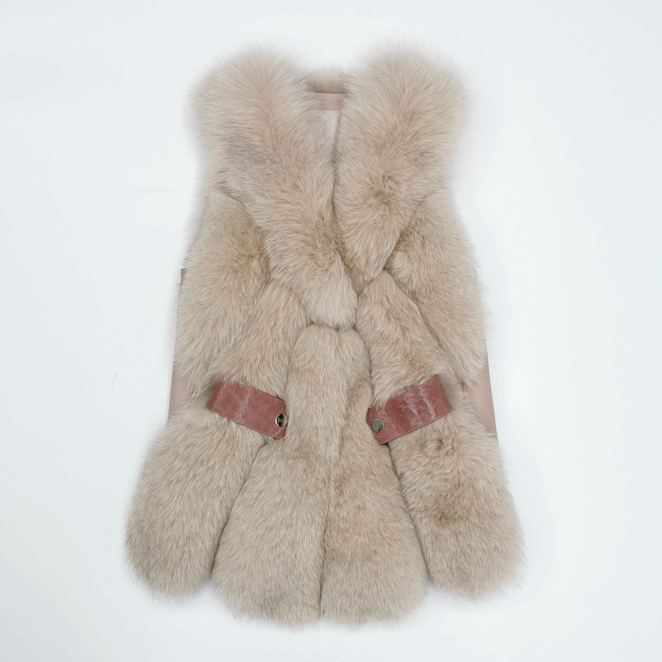 Women's Fox Fur Vest with Leather Loop Detail - Relaxed Style Outerwear Khaki