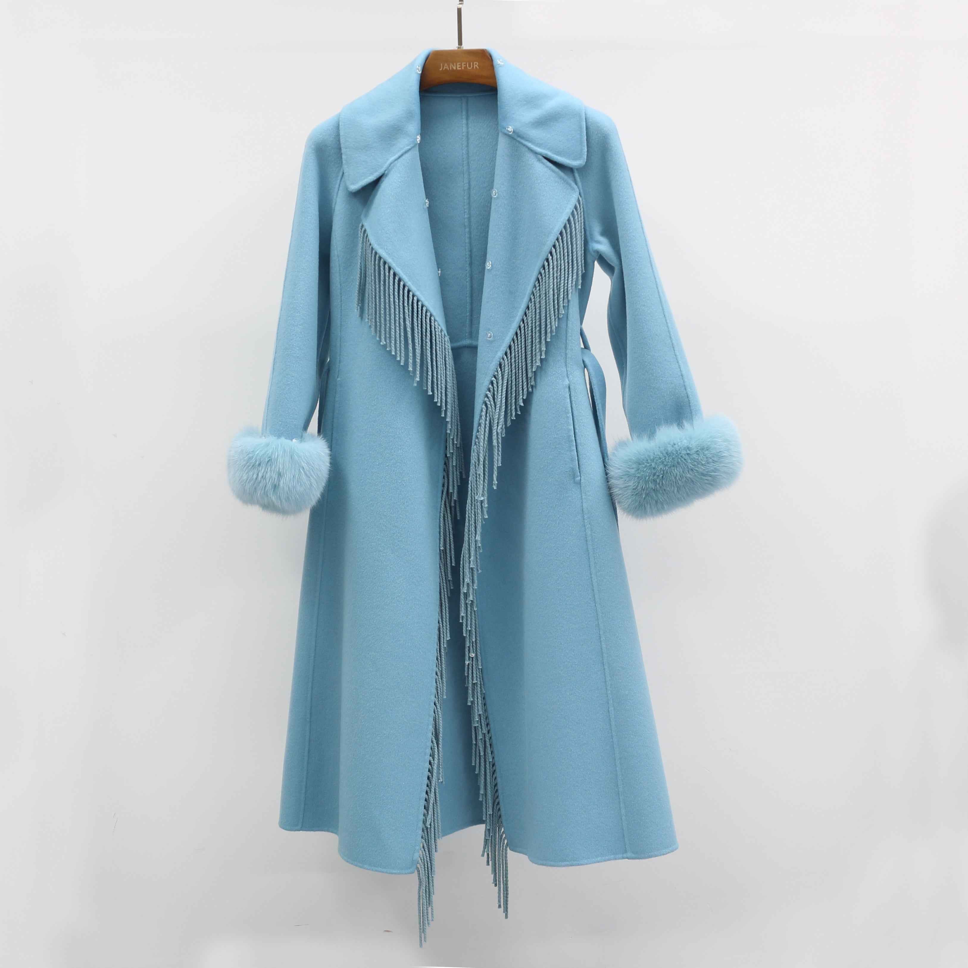 Women's Luxury Double - Faced Wool Coat with Fringe Detailing, Fox Fur Collar and Cuffs, Belted Elegant Winter Outerwear Blue
