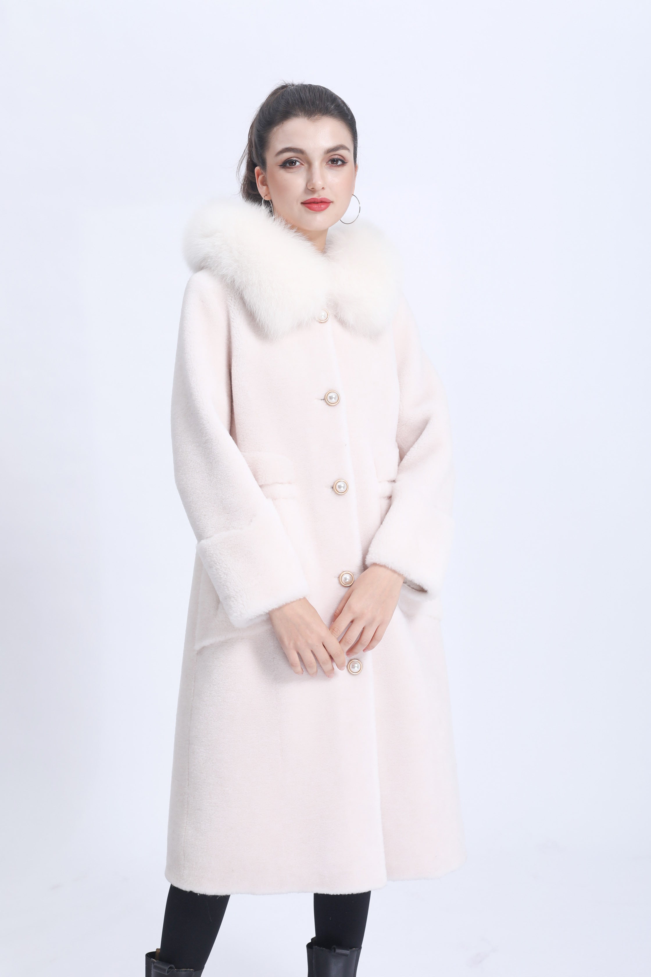 Women's Shearling Long Coat with Hood, Pearl Buttons & Fox Fur Trim - Luxurious Winter Outerwear