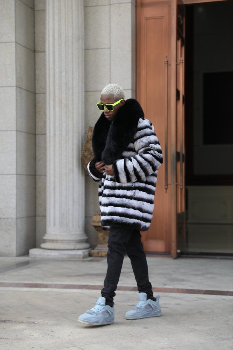 Men's Matching Color Large Fur Collar Rabbit Fur Coat