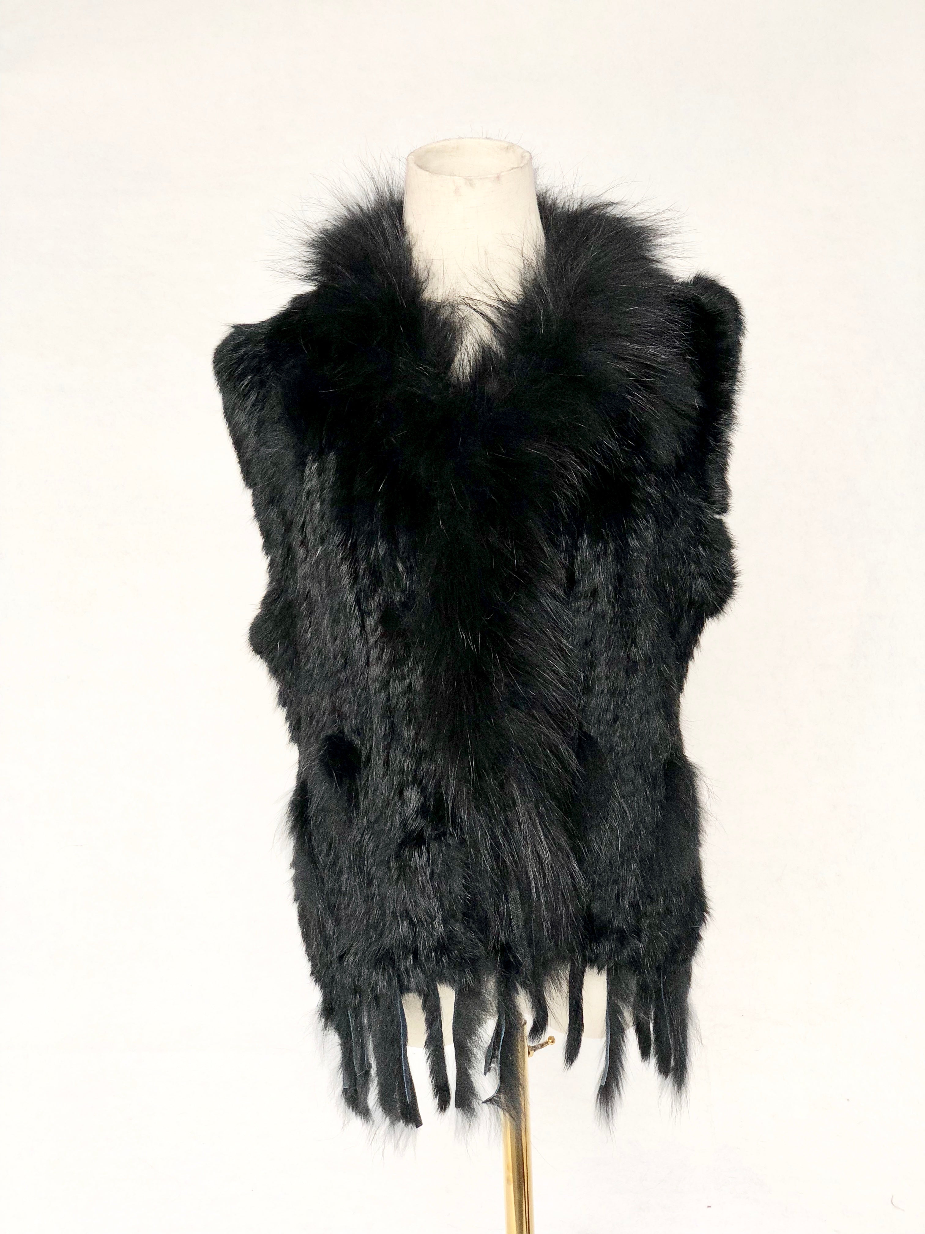 Women's Fuchsia Knitted Rabbit & Fox Fur Vest with Ragged Tramp Style & Fringe Details - Luxe Statement Outerwear